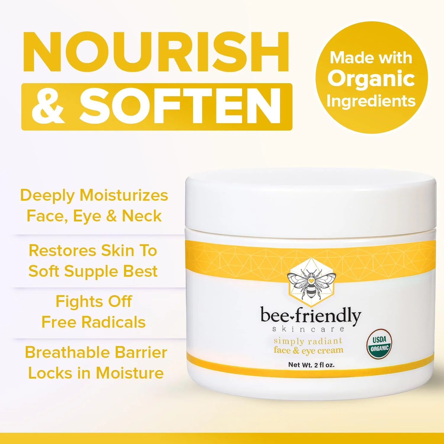 BeeFriendly Organic Face and Eye Cream, USDA Certified Organic Facial Moisturizer, All In One Natural Face, Eye, Neck, Decollete Cream Reduces Wrinkles & Lines, 2 oz - Image 6
