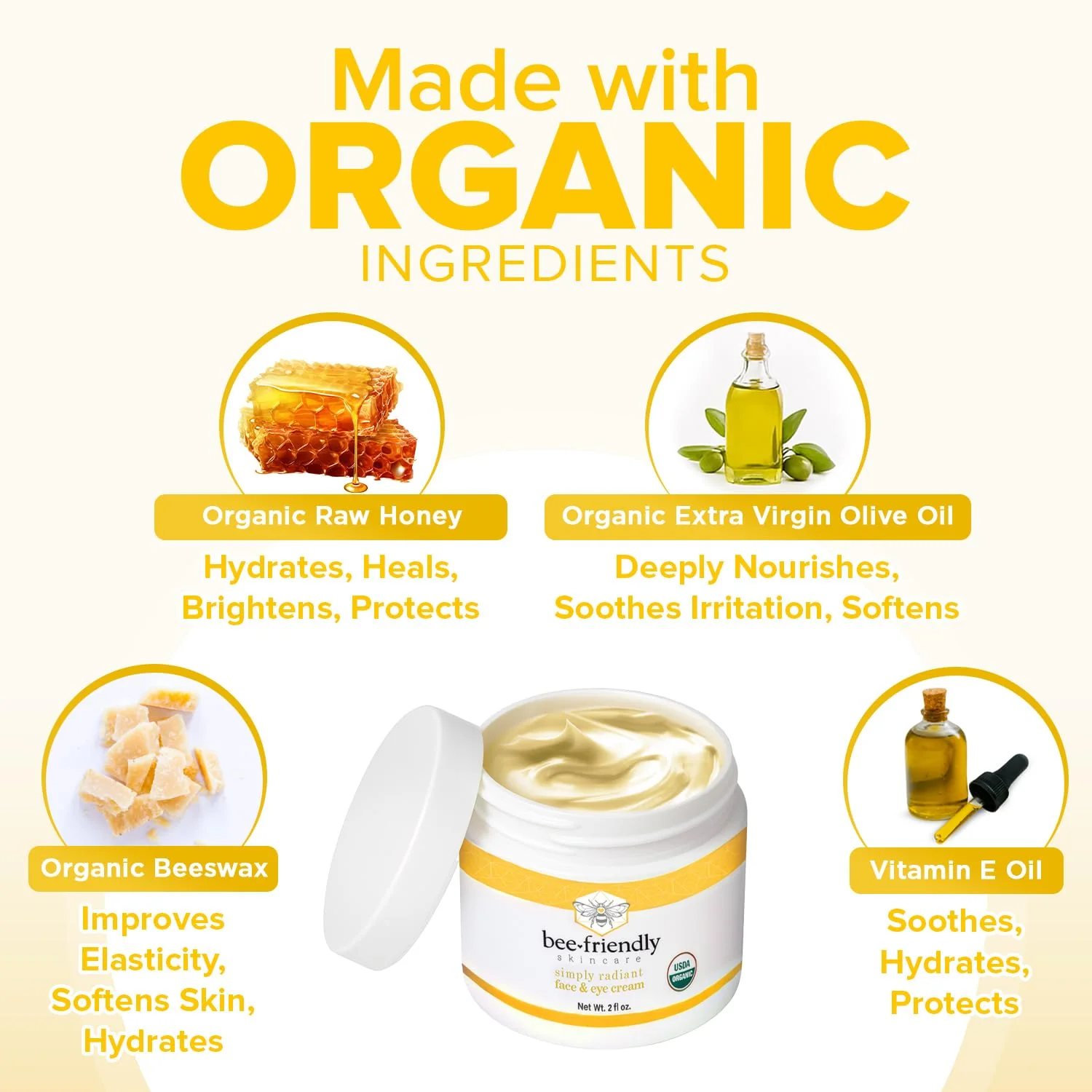 BeeFriendly Organic Face and Eye Cream, USDA Certified Organic Facial Moisturizer, All In One Natural Face, Eye, Neck, Decollete Cream Reduces Wrinkles & Lines, 2 oz - Image 7