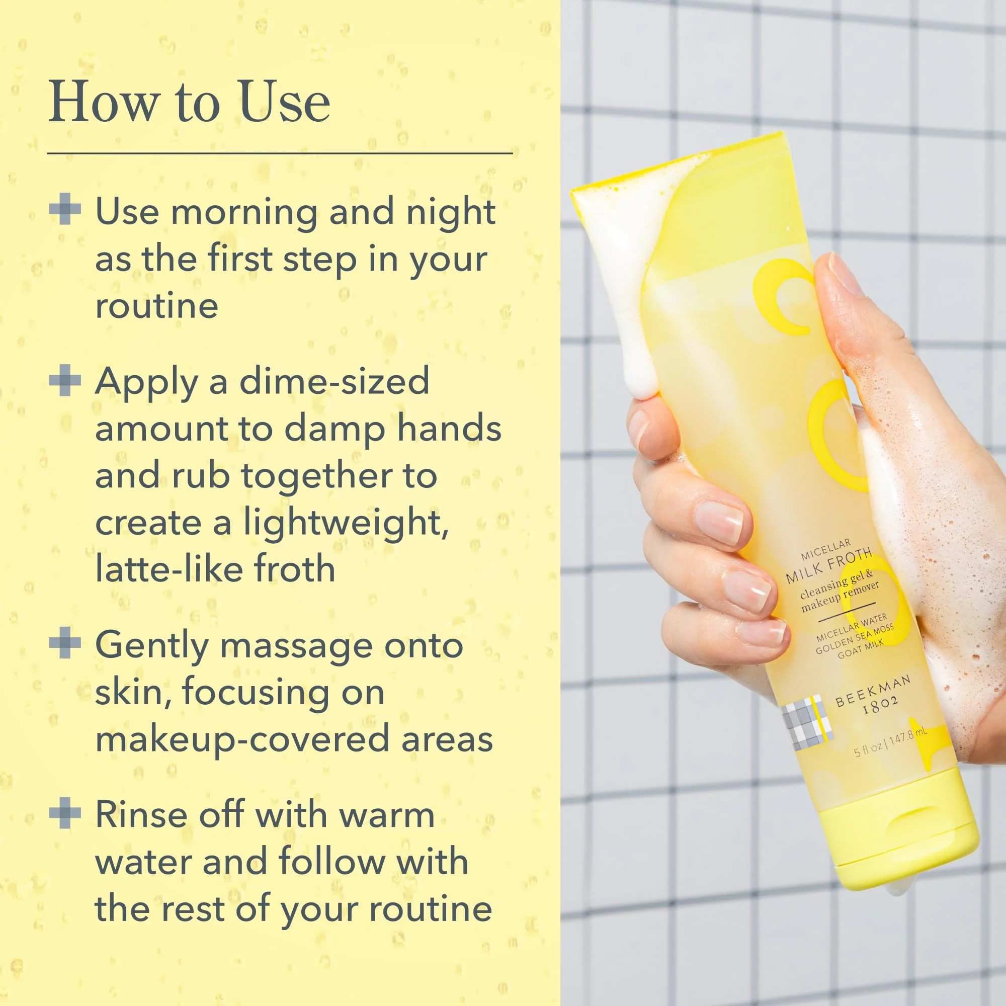 Beekman 1802 Micellar Milk Froth Face Wash – Hydrating Gel to Foam Facial Cleanser & Makeup Remover with Goat Milk & Golden Sea Moss, Gentle Foaming Face Wash for Sensitive Skin, 5 Fl Oz - Image 3