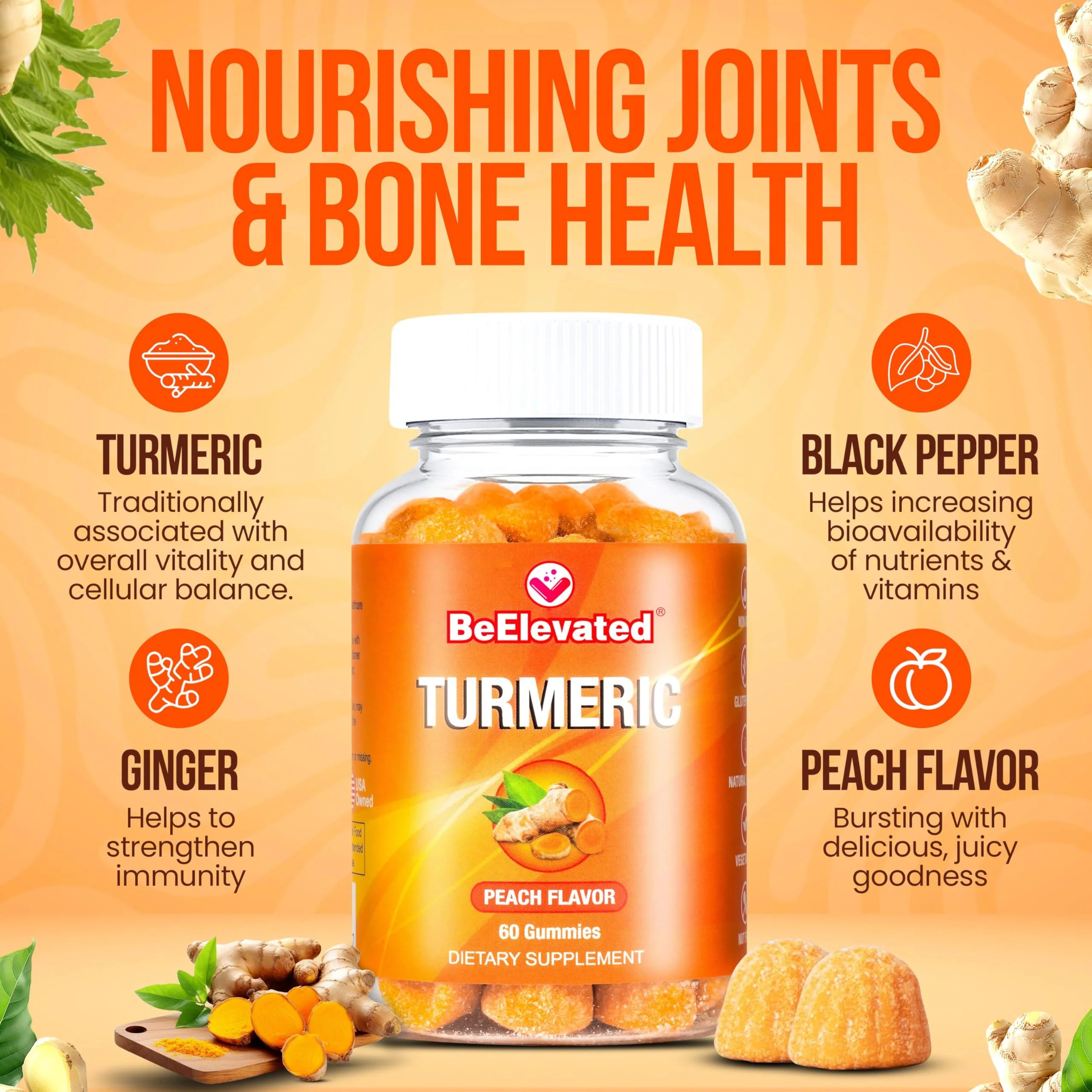 BeElevated Curcumin Turmeric Gummies – Extra Strength 2000mg Turmeric and Ginger Supplement Gummies with Black Pepper – Vegan and Non-GMO, Peach Flavor - Pack of 2 - Image 6