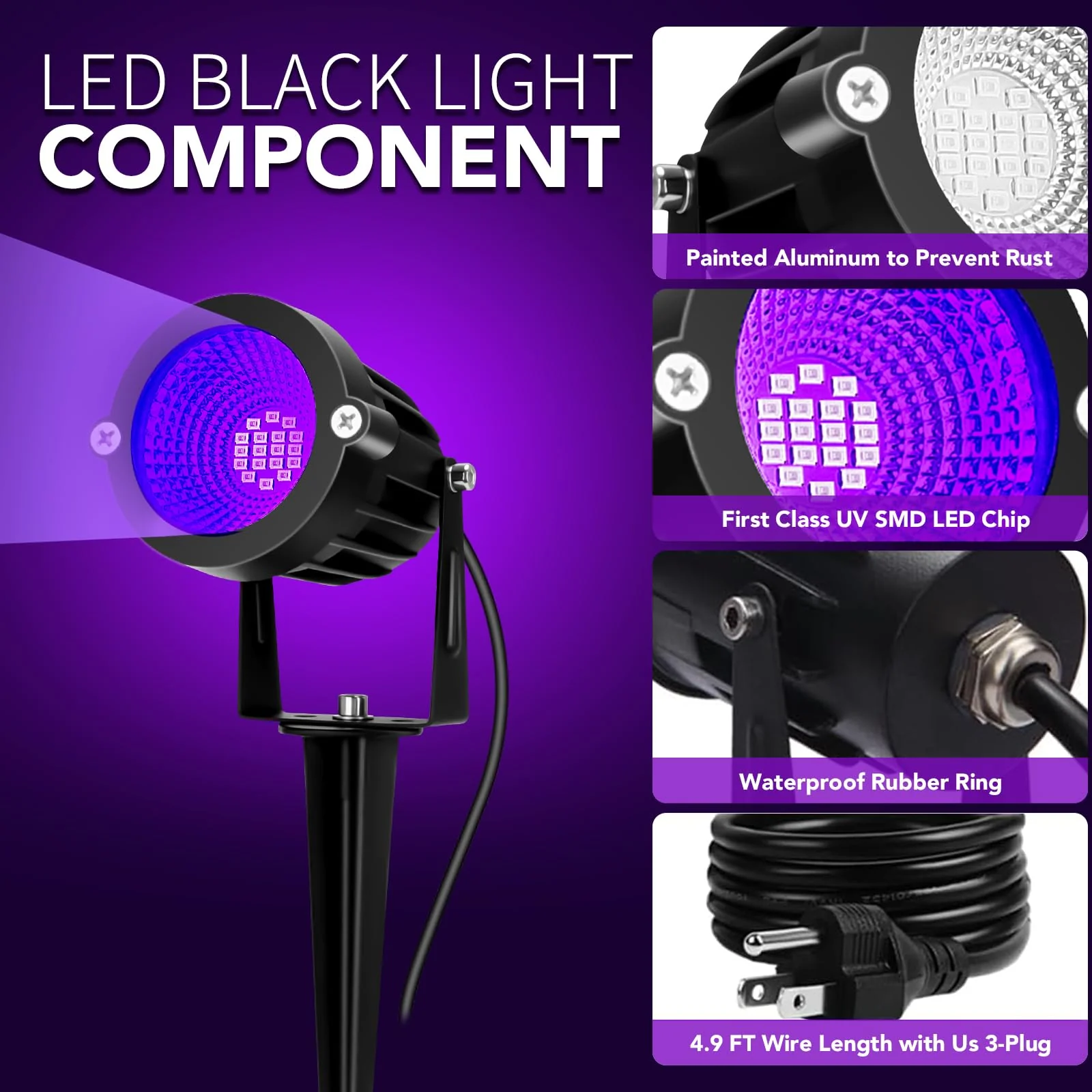 BeeLinks Halloween LED Black Light: 15W Spot Lights Outdoor UV Spotlight for Halloween Christmas | 2 PacK 110V Plug-in Blacklight with IP65 Waterproof for Party Body Paint Fluorescent Poster Neon Glow - Image 2