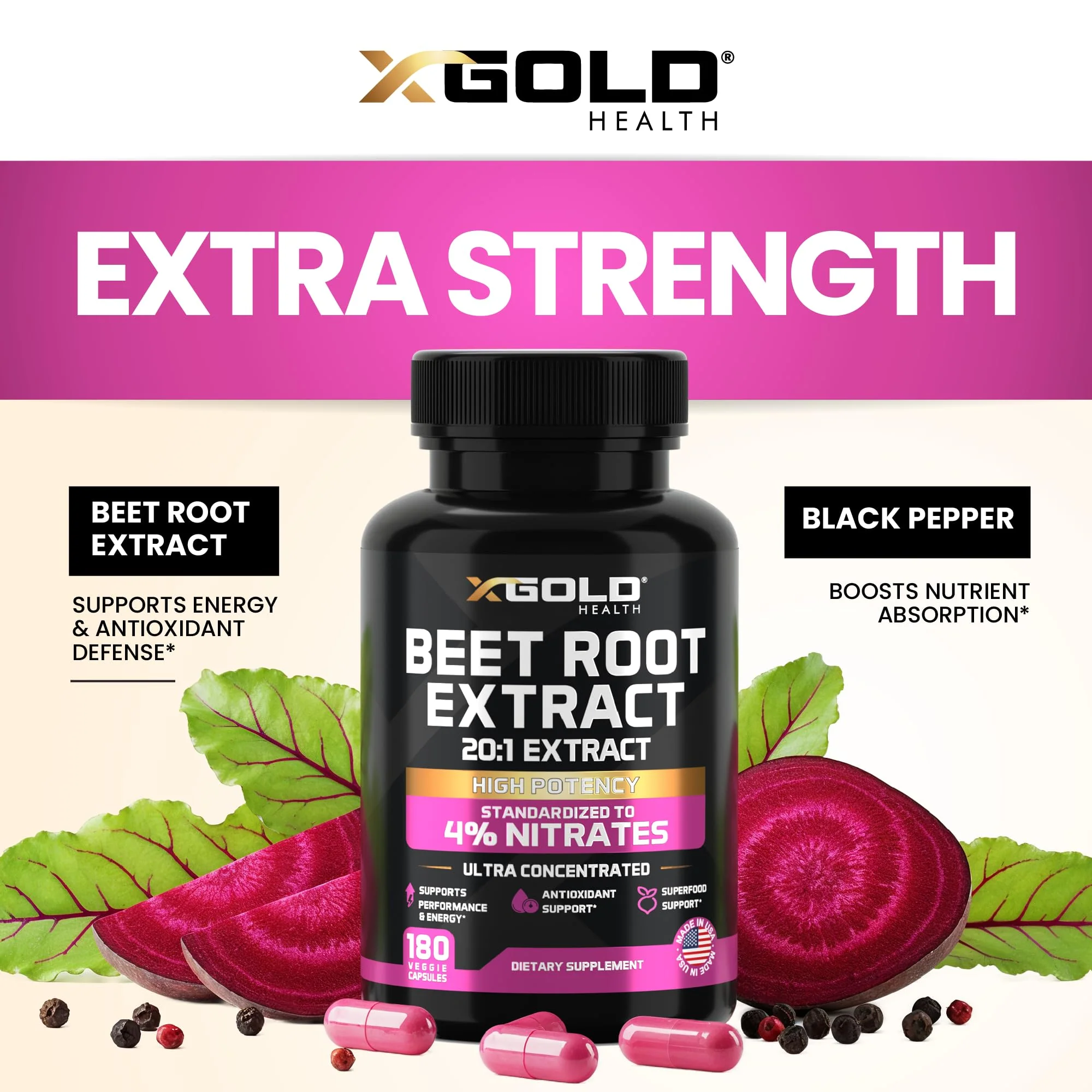 Beet Root Extract 20:1- Concentrated Beet Root Capsules Supplement w/Black Pepper - High Nitrates - Natural Nitric Oxide Booster - Highly Concentrated & Bioavailable - Made in USA -180 Caps - Image 5