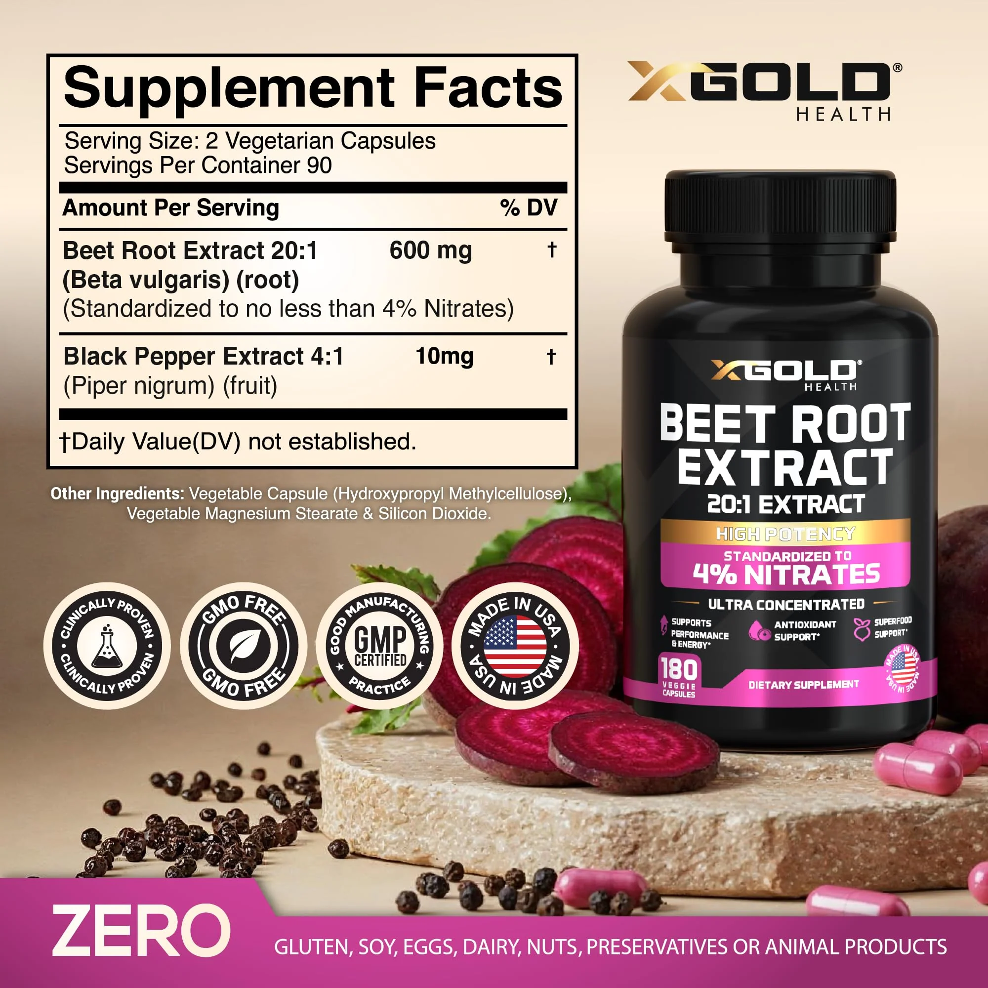 Beet Root Extract 20:1- Concentrated Beet Root Capsules Supplement w/Black Pepper - High Nitrates - Natural Nitric Oxide Booster - Highly Concentrated & Bioavailable - Made in USA -180 Caps - Image 6