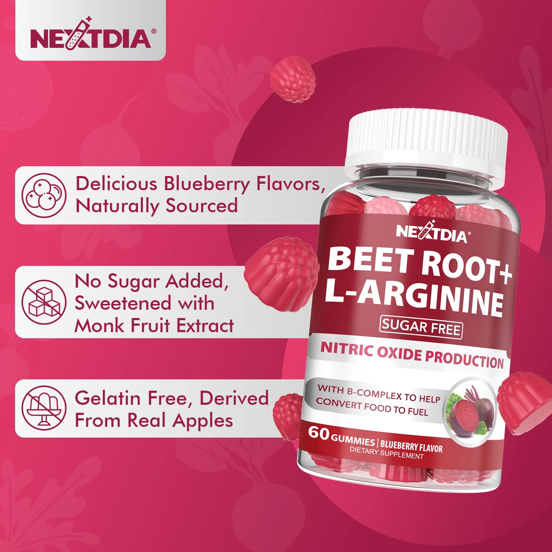 Beet Root Gummies, Beetroot & L-Arginine, Red Beets Supplements w/ Vitamin B1, B2, B3, B5, B6, Folate, B12 for Energy Boost & Circulation Support, Sugar Free Nitric Oxide Gummies, 60 Beet Chews - Image 2
