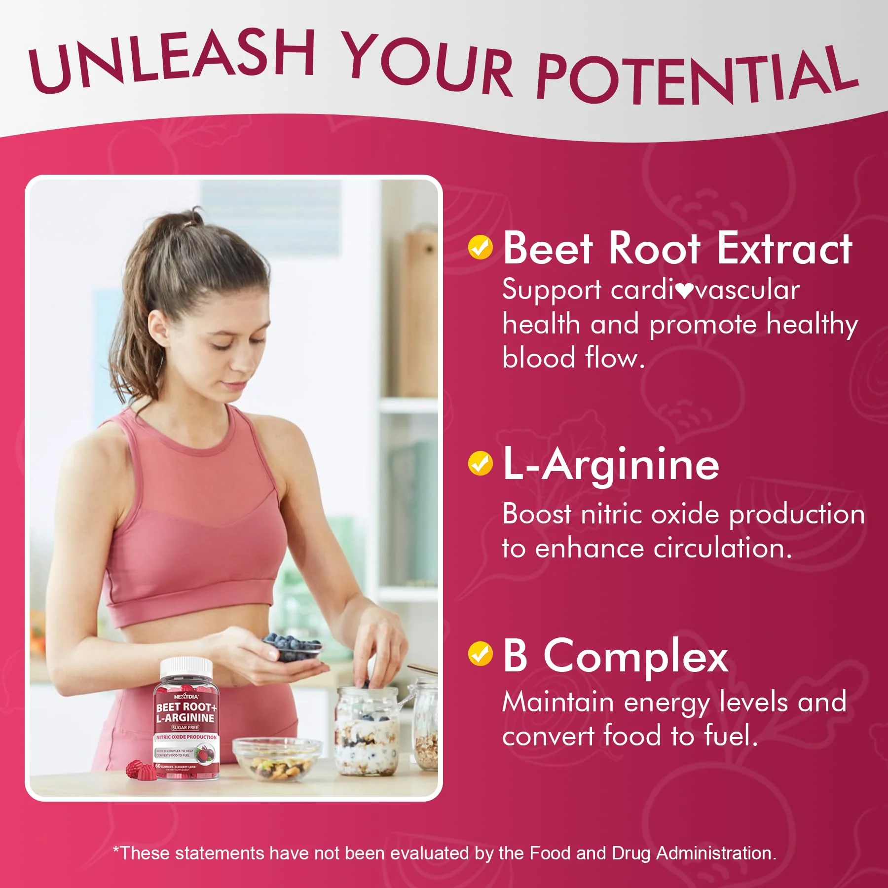 Beet Root Gummies, Beetroot & L-Arginine, Red Beets Supplements w/ Vitamin B1, B2, B3, B5, B6, Folate, B12 for Energy Boost & Circulation Support, Sugar Free Nitric Oxide Gummies, 60 Beet Chews - Image 5