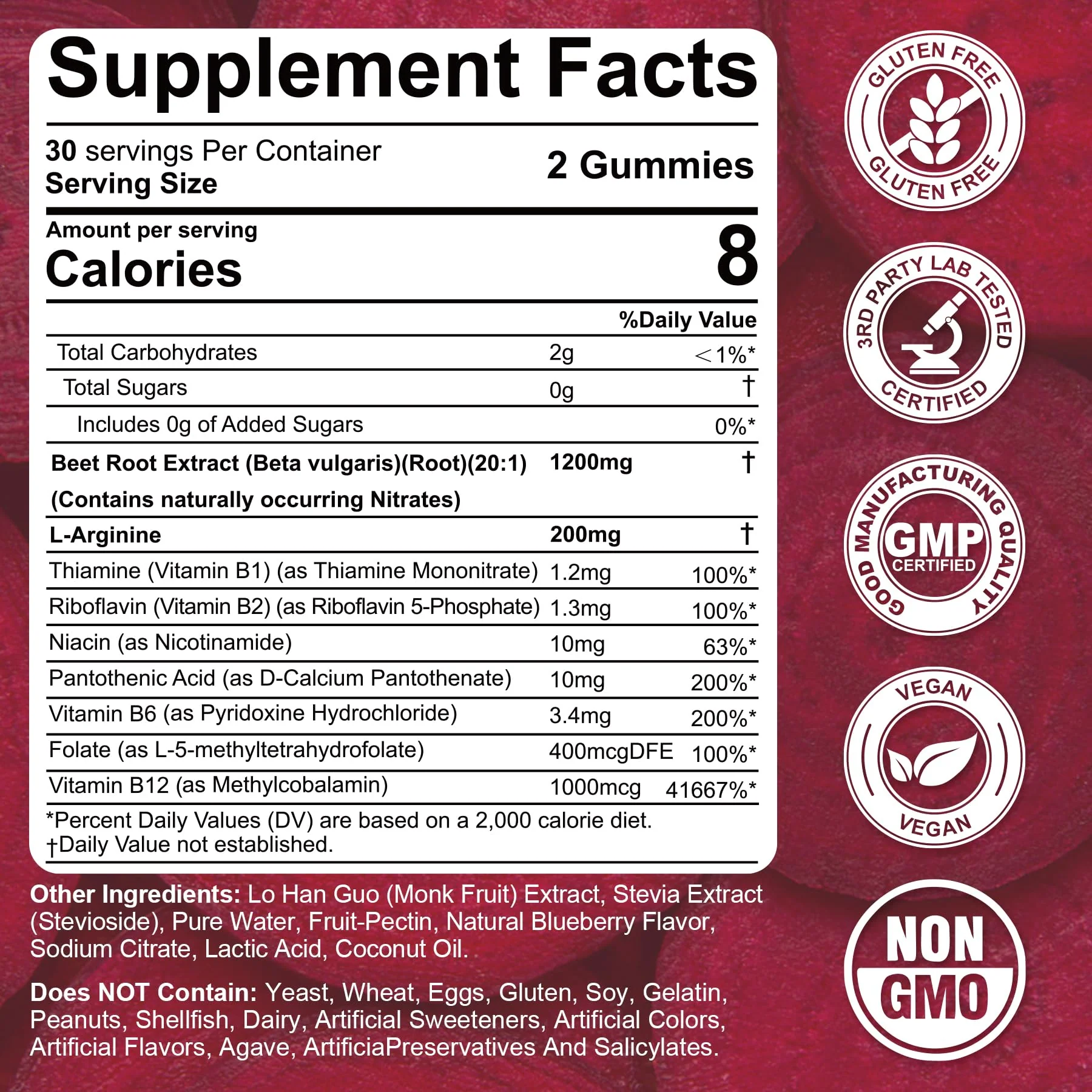 Beet Root Gummies, Beetroot & L-Arginine, Red Beets Supplements w/ Vitamin B1, B2, B3, B5, B6, Folate, B12 for Energy Boost & Circulation Support, Sugar Free Nitric Oxide Gummies, 60 Beet Chews - Image 8