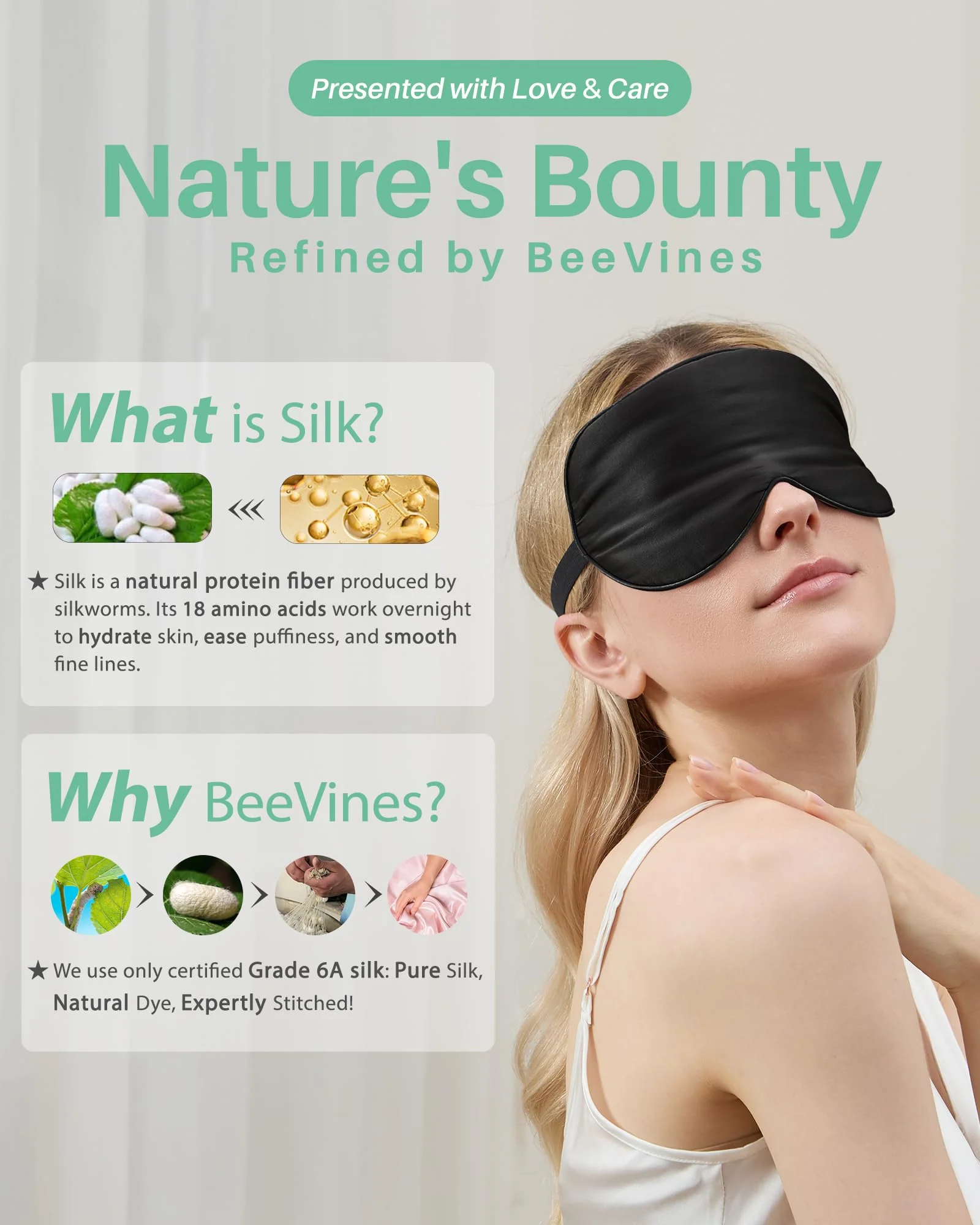 BeeVines 100% Real Mulberry Silk 2 Pack Sleep Mask, Pure Silk Eye Masks with Adjustable Strap for Sleeping, 100% Block Light Eye Shade Cover, Reduces Puffy Eyes Traveling Gifts(Black & Galaxy Grey) - Image 7