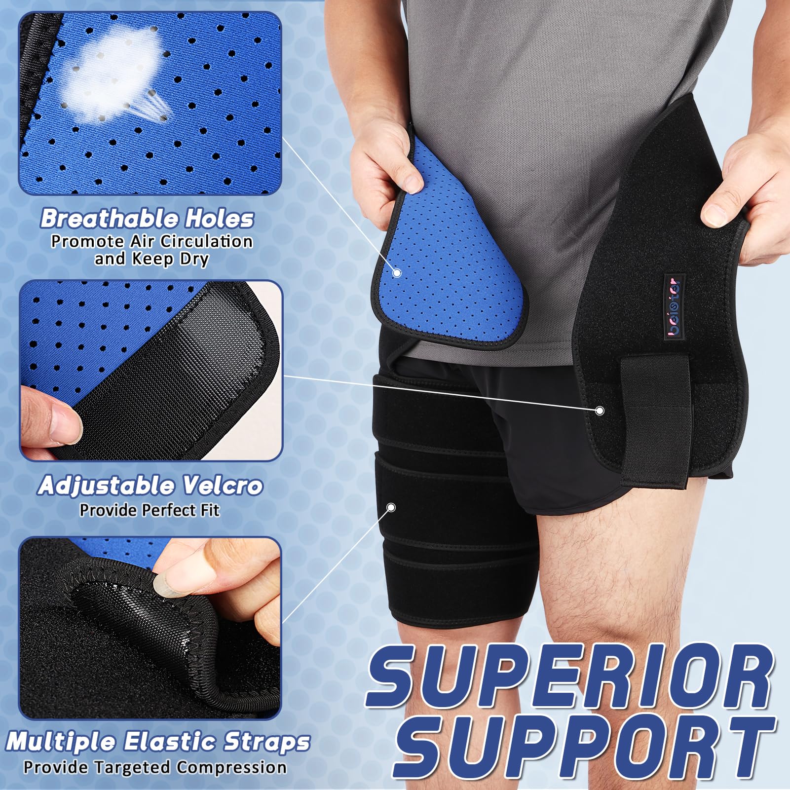 beister Hip & Thigh Brace Support with 5 Elastic Strips, Hamstring Compression Sleeve for Men & Women, Adjustable Groin Compression Wrap for Sciatica Pain Relief, SI Joint, Quad Muscle Strains - Image 2