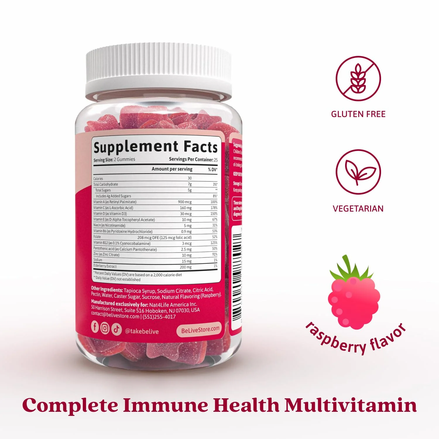 BeLive Elderberry Gummies with Vitamin C, D3 and Zinc - Multivitamin Supplement for Immune Health Support for Kids & Adults - 50 Count - Raspberry Flavor - Image 7