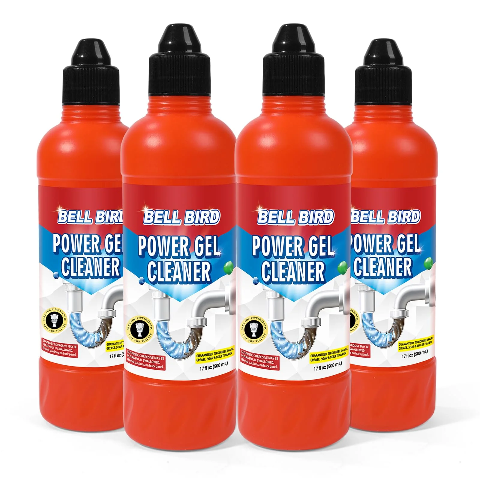 Bell Bird Drain Clog Remover & Pipe Cleaner - Thick Power Gel Dissolves Hair, Grease, and Soap Scum - Septic Safe Odor Eliminator for Kitchen Sinks, Tubs, Showers & Toilets (Pack of 4)