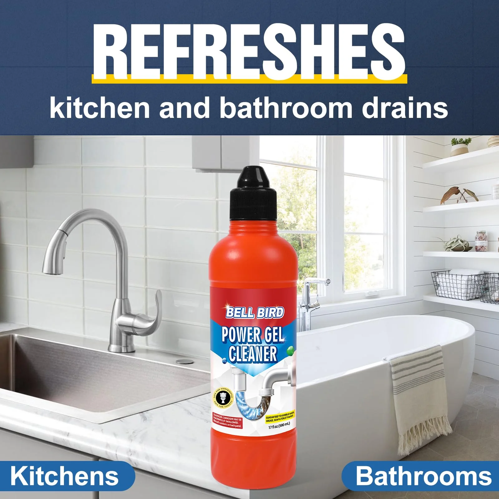 Bell Bird Drain Clog Remover & Pipe Cleaner - Thick Power Gel Dissolves Hair, Grease, and Soap Scum - Septic Safe Odor Eliminator for Kitchen Sinks, Tubs, Showers & Toilets (Pack of 4) - Image 2