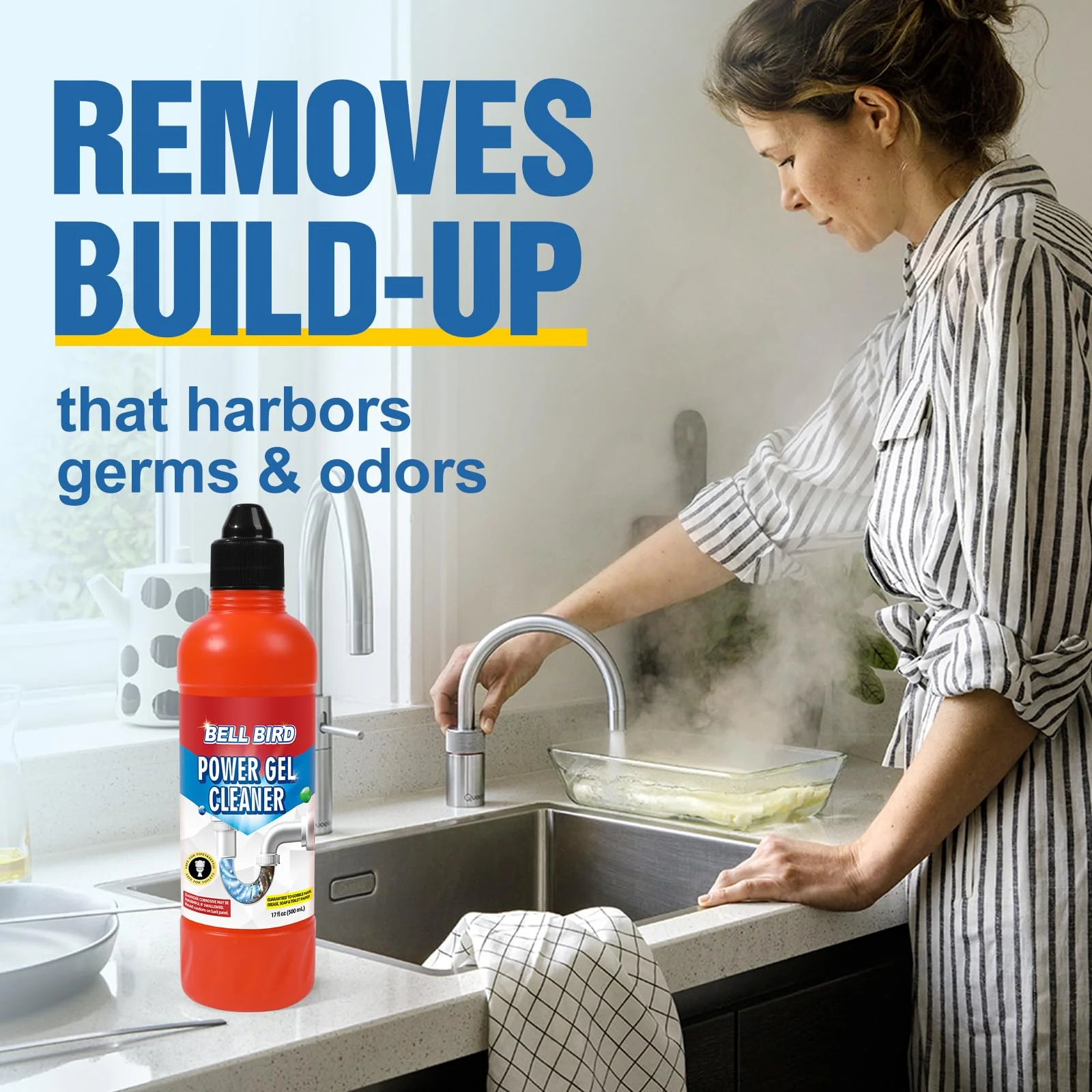 Bell Bird Drain Clog Remover & Pipe Cleaner - Thick Power Gel Dissolves Hair, Grease, and Soap Scum - Septic Safe Odor Eliminator for Kitchen Sinks, Tubs, Showers & Toilets (Pack of 4) - Image 3