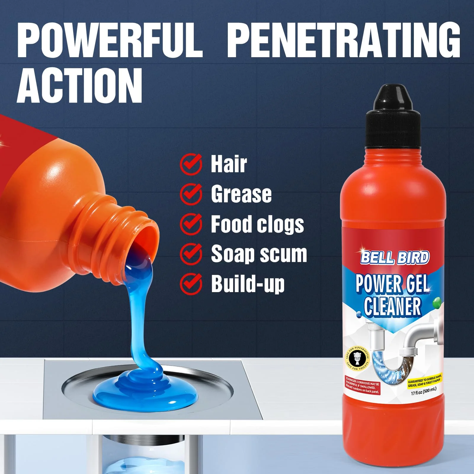 Bell Bird Drain Clog Remover & Pipe Cleaner - Thick Power Gel Dissolves Hair, Grease, and Soap Scum - Septic Safe Odor Eliminator for Kitchen Sinks, Tubs, Showers & Toilets (Pack of 4) - Image 7