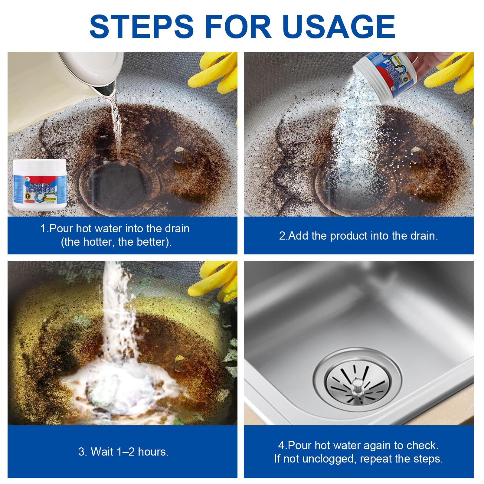 BELL BIRD Drain Opener,Powerful Unclogging,Crystal lye, Sodium hydroxide, Unclog drains, Bathroom sinks, Kitchen sinks, Shower pipes (3 PSC, Gram, 780) - Image 2