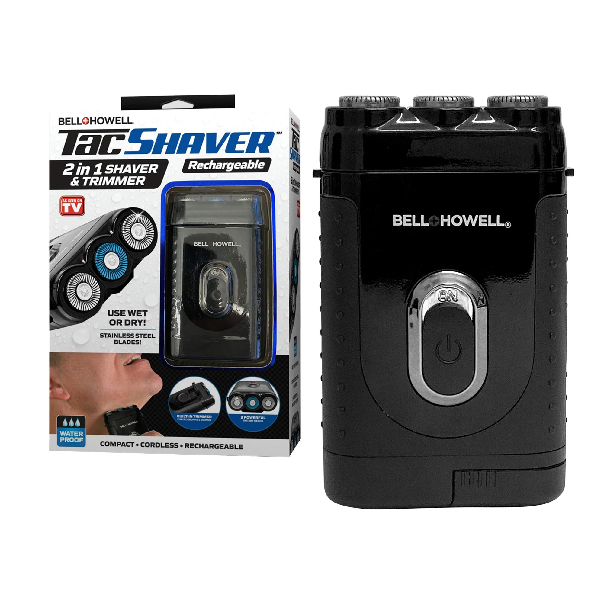 Bell+Howell Tacshaver 3D Rechargeable Rotary Shaver for Men with Pop-up Trimmer for Sideburns, Moustache and Beard, Waterproof, Portable, and Cordless Electric Razor As Seen On TV (Deluxe) - Image 2