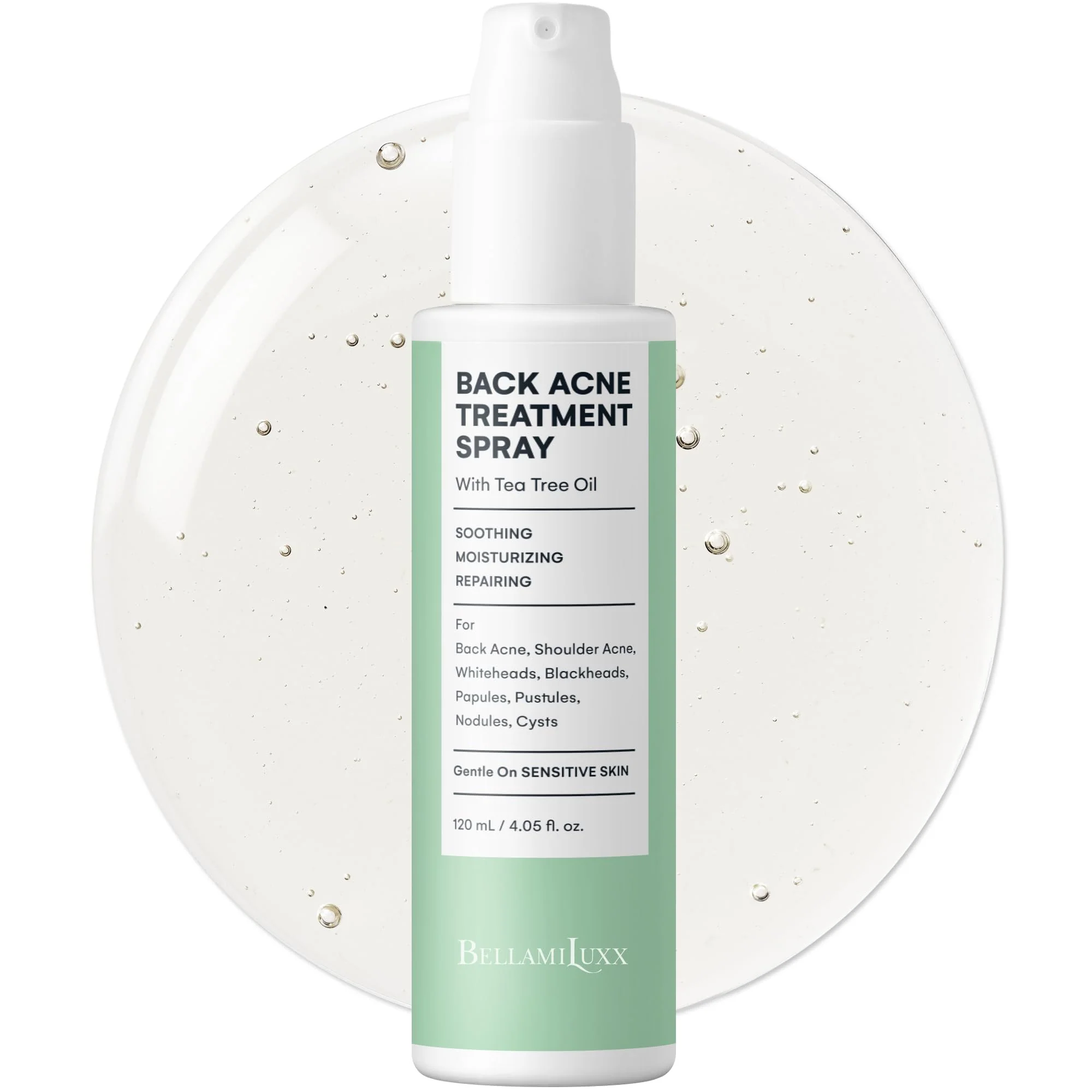 BellamiLuxx Back and Body Acne Treatment Spray: 2% Salicylic Acid & Tea Tree Oil Bacne Spray for Clear, Soothe & Moisturize - Effective for Men, Women, Teens with Back, Shoulder, Arm, and Chest Acne