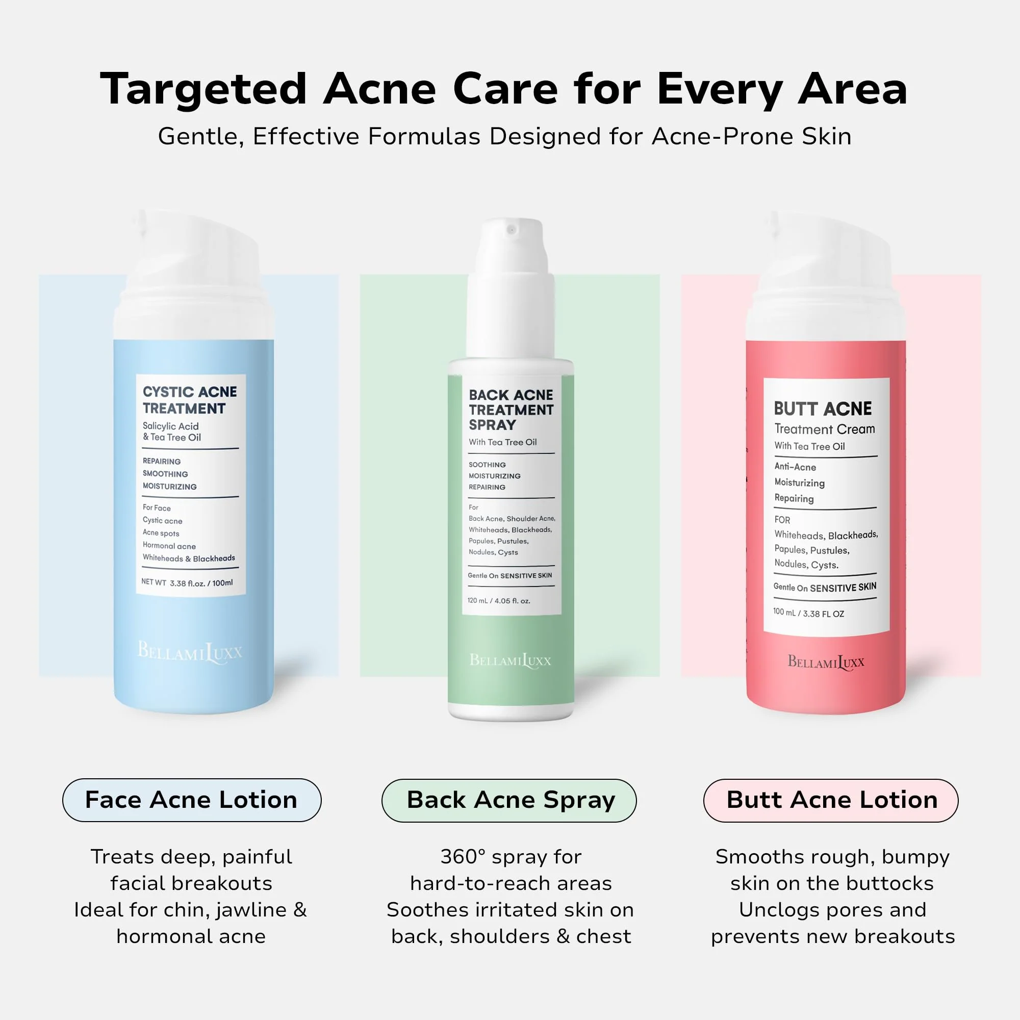 BellamiLuxx Back and Body Acne Treatment Spray: 2% Salicylic Acid & Tea Tree Oil Bacne Spray for Clear, Soothe & Moisturize - Effective for Men, Women, Teens with Back, Shoulder, Arm, and Chest Acne - Image 2