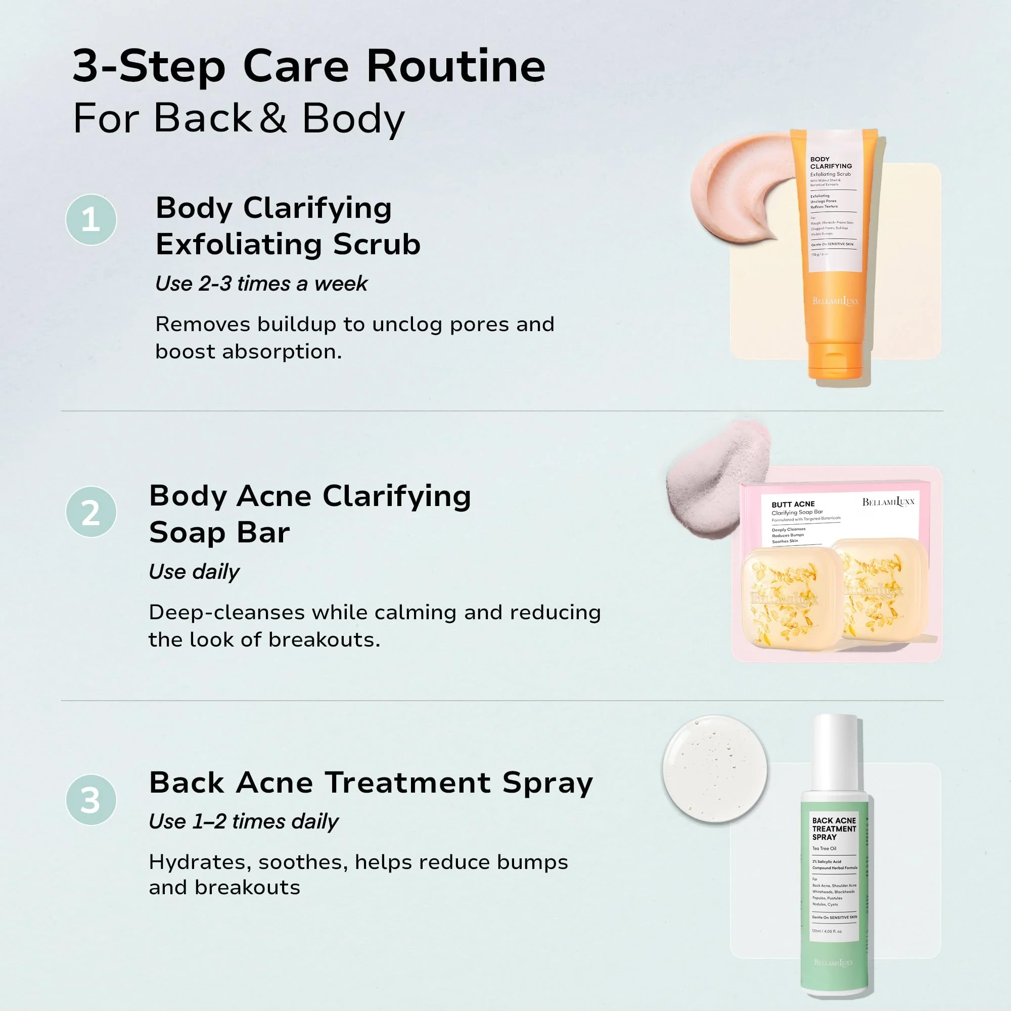 BellamiLuxx Back and Body Acne Treatment Spray: 2% Salicylic Acid & Tea Tree Oil Bacne Spray for Clear, Soothe & Moisturize - Effective for Men, Women, Teens with Back, Shoulder, Arm, and Chest Acne - Image 5