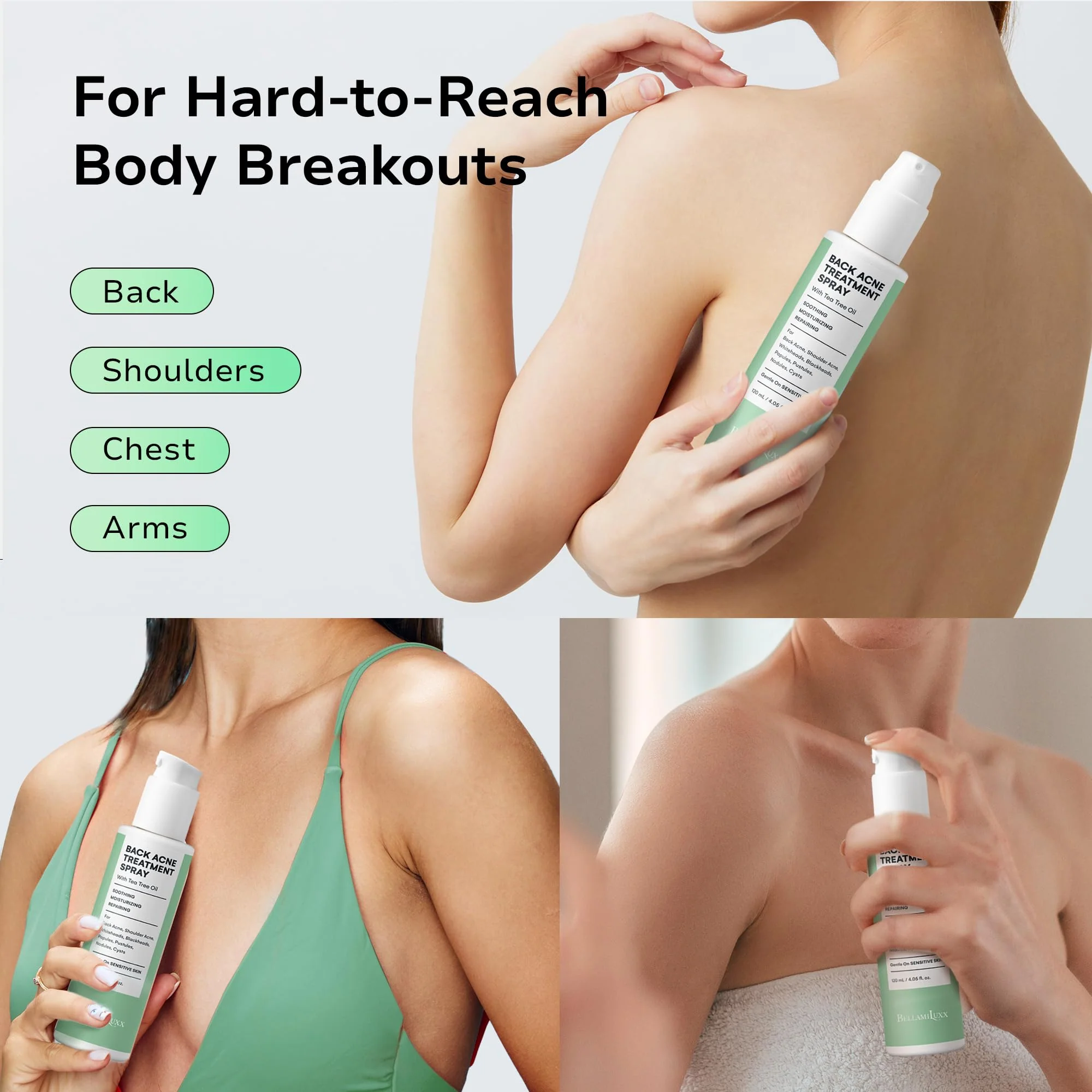 BellamiLuxx Back and Body Acne Treatment Spray: 2% Salicylic Acid & Tea Tree Oil Bacne Spray for Clear, Soothe & Moisturize - Effective for Men, Women, Teens with Back, Shoulder, Arm, and Chest Acne - Image 6