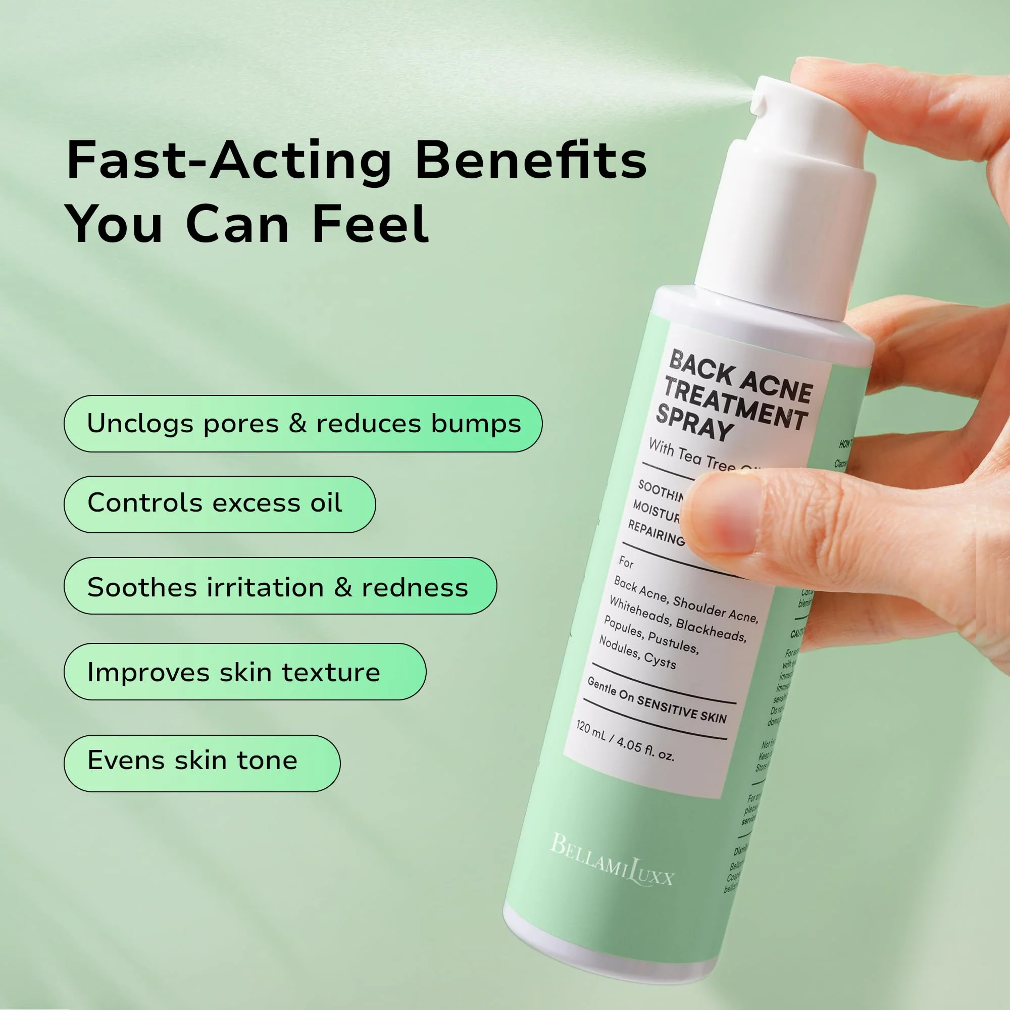 BellamiLuxx Back and Body Acne Treatment Spray: 2% Salicylic Acid & Tea Tree Oil Bacne Spray for Clear, Soothe & Moisturize - Effective for Men, Women, Teens with Back, Shoulder, Arm, and Chest Acne - Image 7