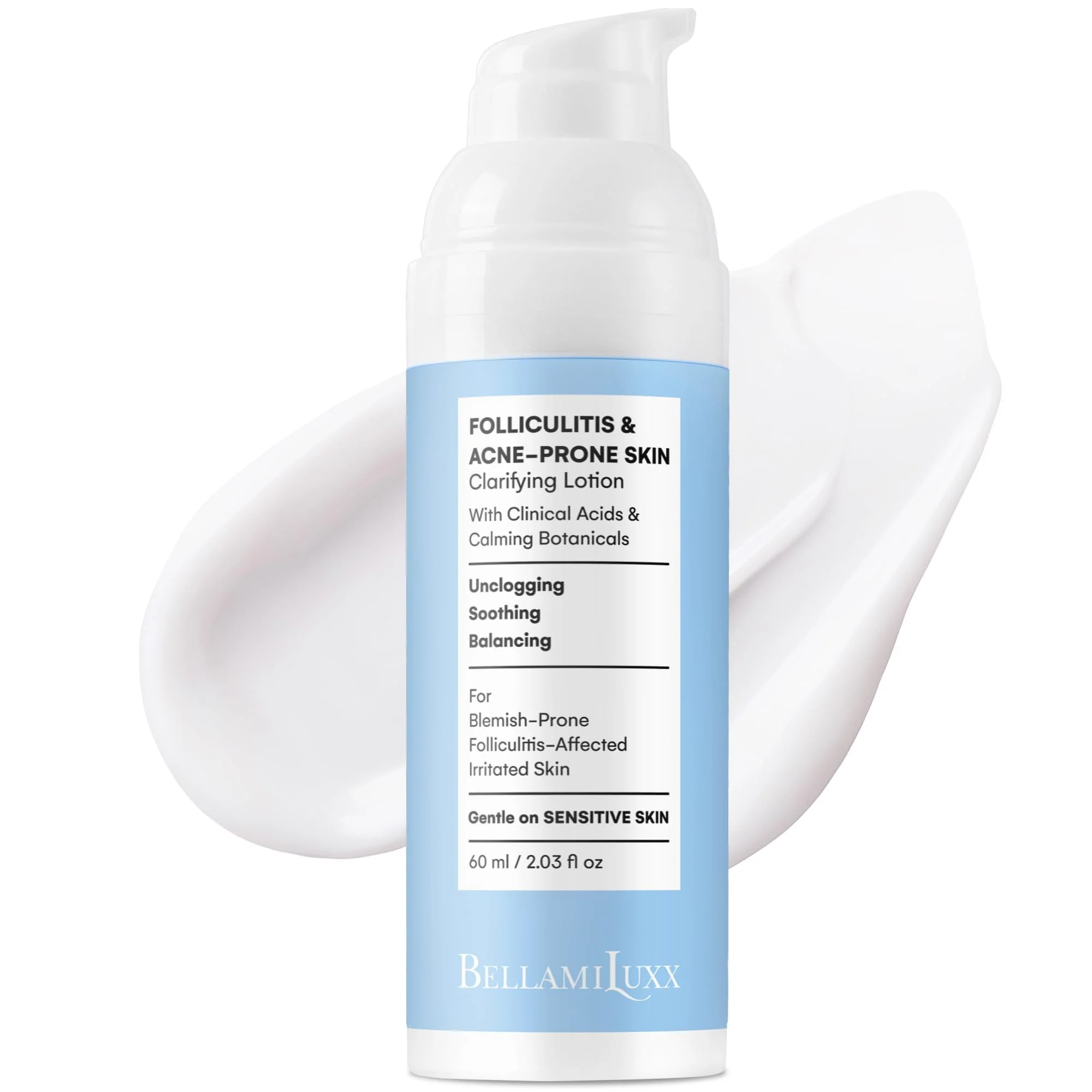 BellamiLuxx Folliculitis Acne Lotion for Body: Helps Reduce Itch, Redness, Body Acne, Bumps & Uneven Texture with Salicylic & Glycolic Acid + Botanicals - Gentle Care for Folliculitis-Prone Skin