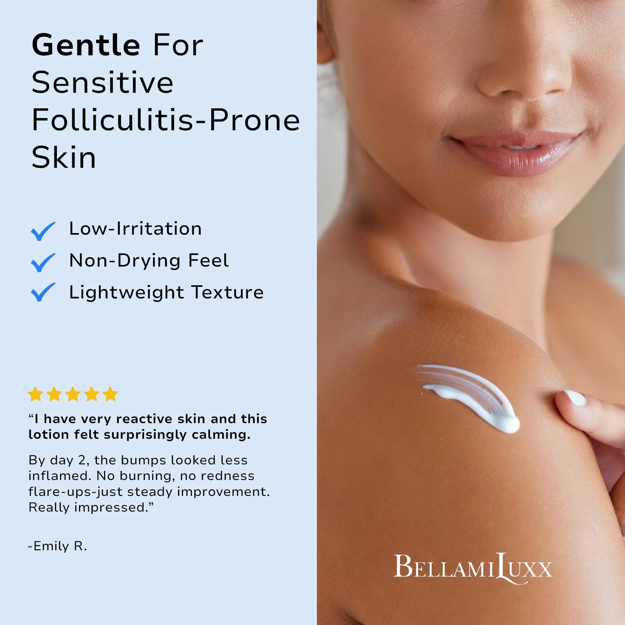 BellamiLuxx Folliculitis Acne Lotion for Body: Helps Reduce Itch, Redness, Body Acne, Bumps & Uneven Texture with Salicylic & Glycolic Acid + Botanicals - Gentle Care for Folliculitis-Prone Skin - Image 4