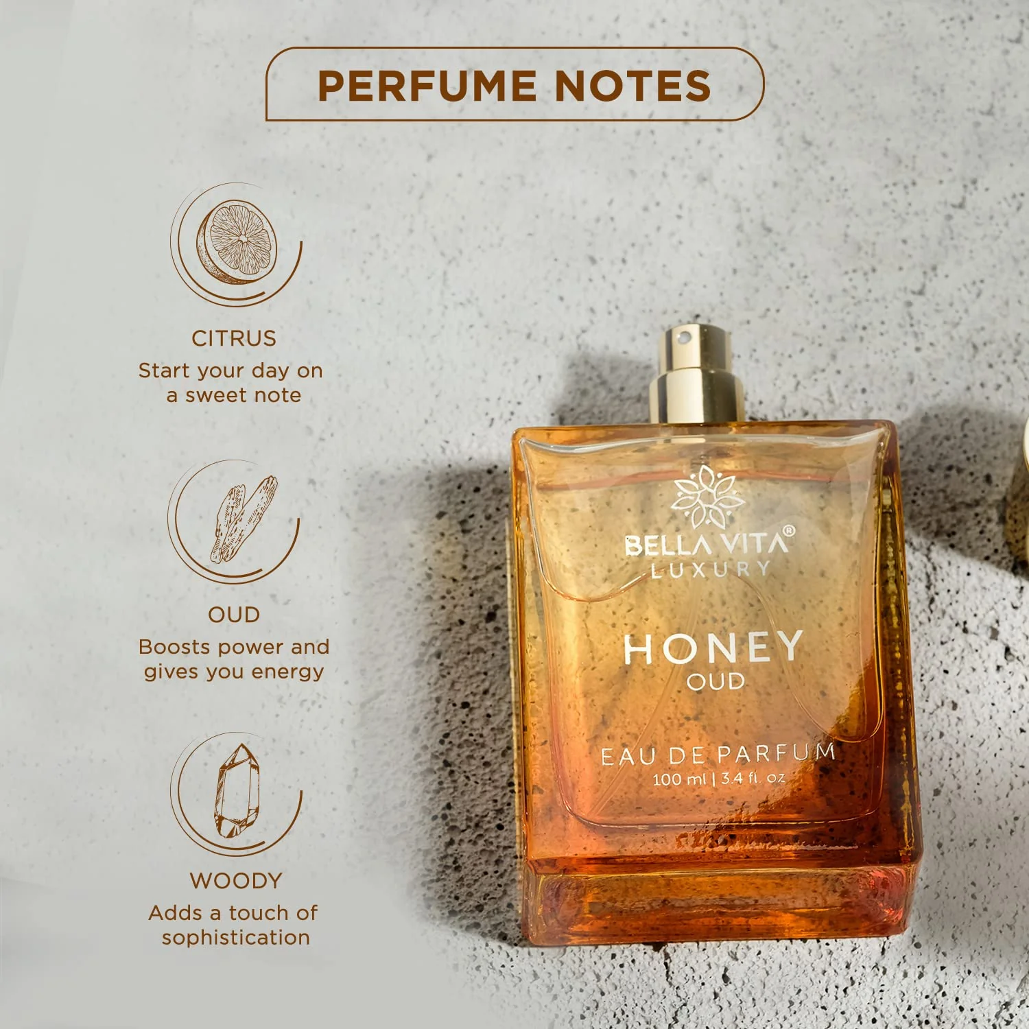 Bellavita Luxury Honey Oud Eau de Parfum | 100 ml (3.4 fl.oz.) | Perfume for Men and Women | Sweet Honey, Bergamot, Oud, and Amber Notes | Women's Day Special - Image 6