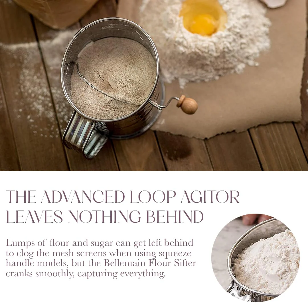 Bellemain 3 Cup Flour Sifter for Baking Fine Mesh Rotary Hand Crank with Loop Agitator for Quick Sifting, Flour Sifter Stainlees Steel - Image 5