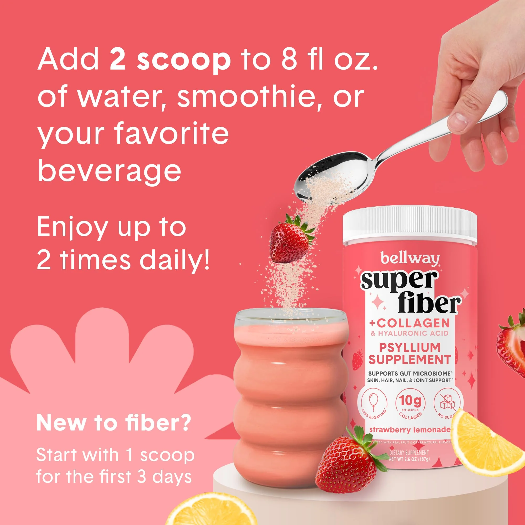 Bellway Super Fiber Powder + Collagen, Sugar-Free Psyllium Husk Powder with Collagen Peptides and Hyaluronic Acid for Gut Health, Healthy Skin, Nails, Bones & Joints, Strawberry Lemonade (11 Servings) - Image 2