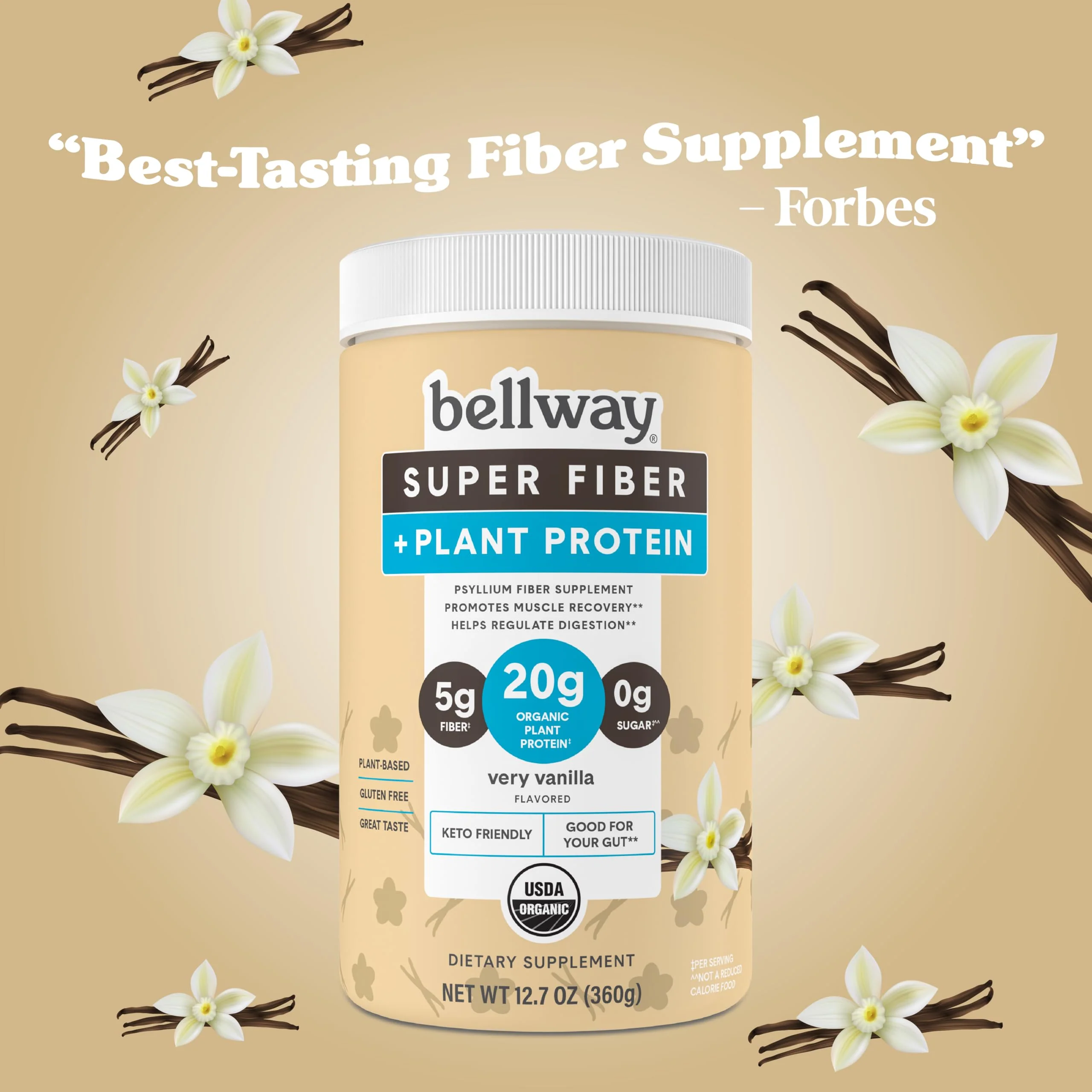 Bellway Super Fiber + Protein Powder, Sugar-Free Organic Psyllium Husk Fiber Supplement Powder with 20g Plant Protein Per Serving, Very Vanilla, 12.7 oz - Image 2