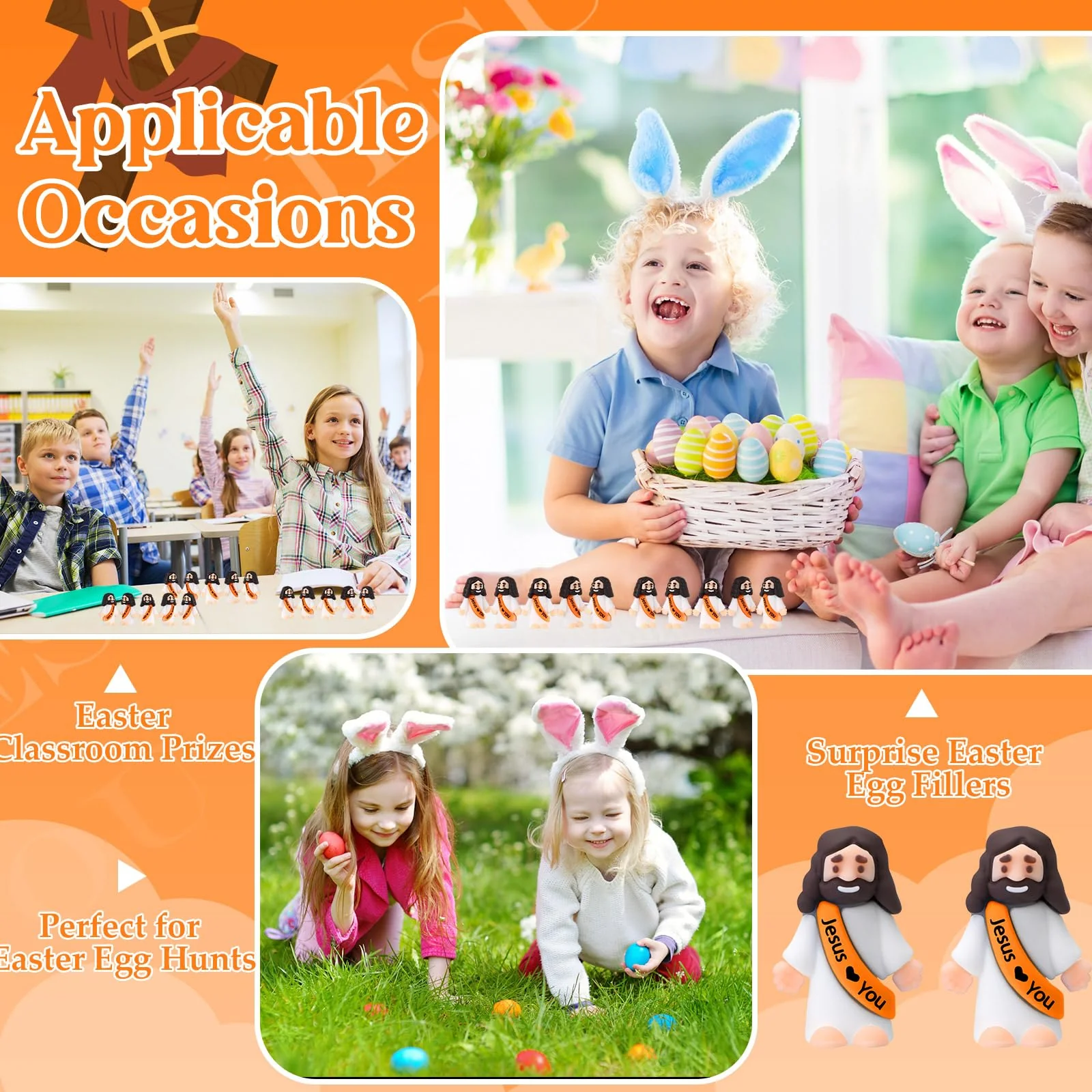 Bememo 100 Pcs Little Jesus Figures Jesus Loves You Original Design Pocket Rubber Little Figures to Hide and Seek Sunday Religious Party Share Easter Gifts(Orange) - Image 2