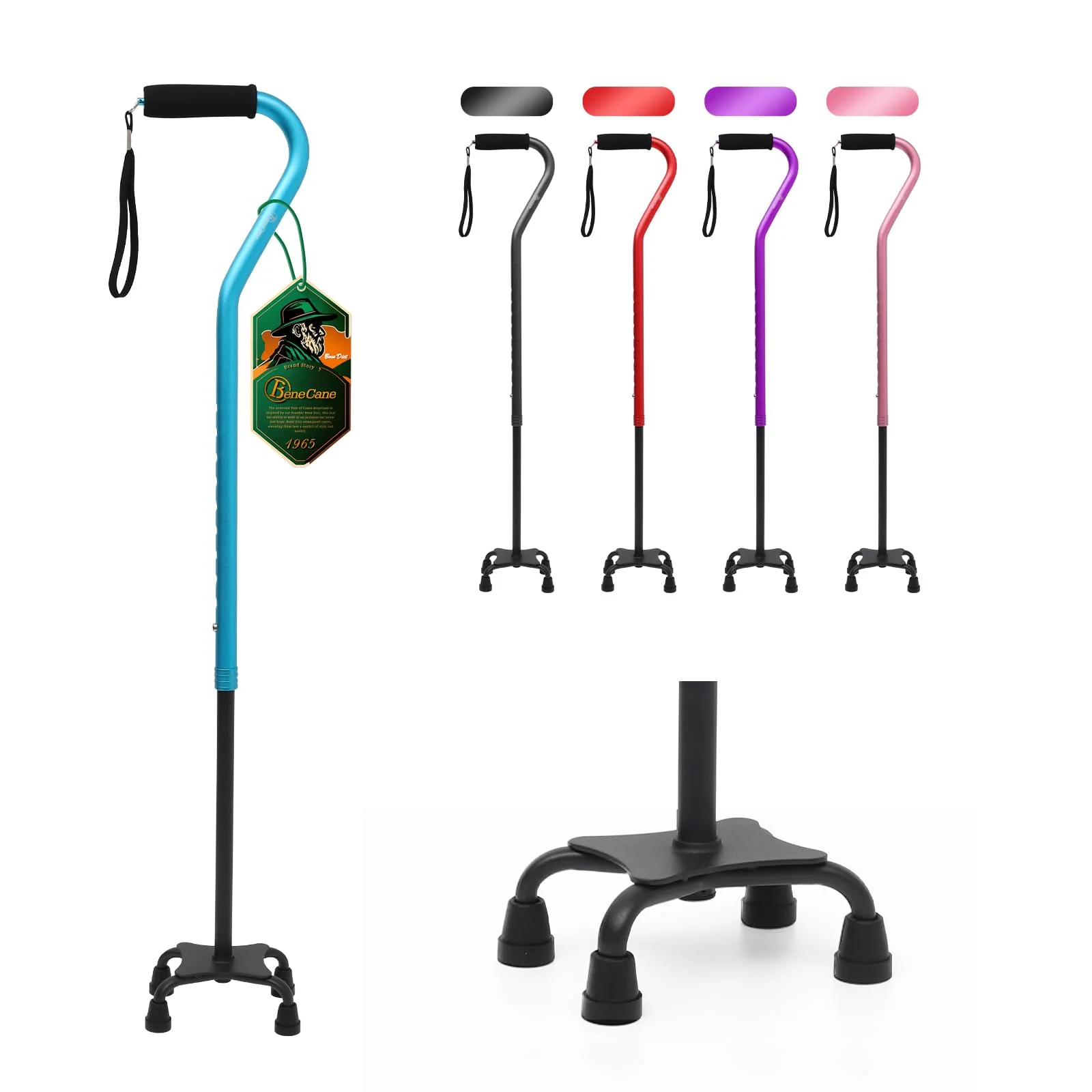 BeneCane Quad Cane Adjustable Walking Cane with Offset Soft Cushioned Handle for Men & Women Lightweight Comfortable with 4-Pronged feet for Extra Stability(Blue) - Image 2