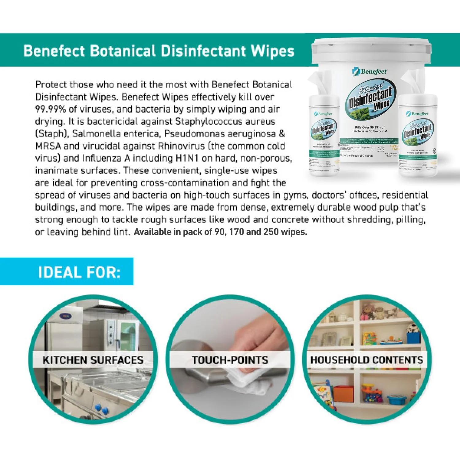 Benefect Botanical Disinfecting Wipes - (250 Wipe Count) Natural, No Residue - Antibacterial Disinfectant, Multi-Surface Cleaning and Sanitizing Wipes - Image 7