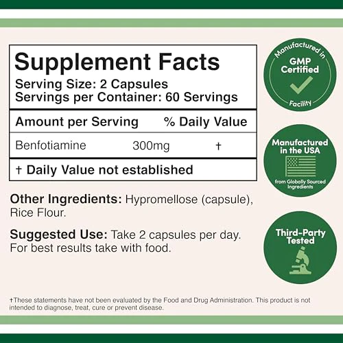 Benfotiamine 300mg Servings (Third Party Tested, 120 Capsules, 150mg Per Cap) Non-GMO, to Boost Thiamine B1 Levels (More Absorbable Than Thiamine, Fat Soluble) by Double Wood - Image 8