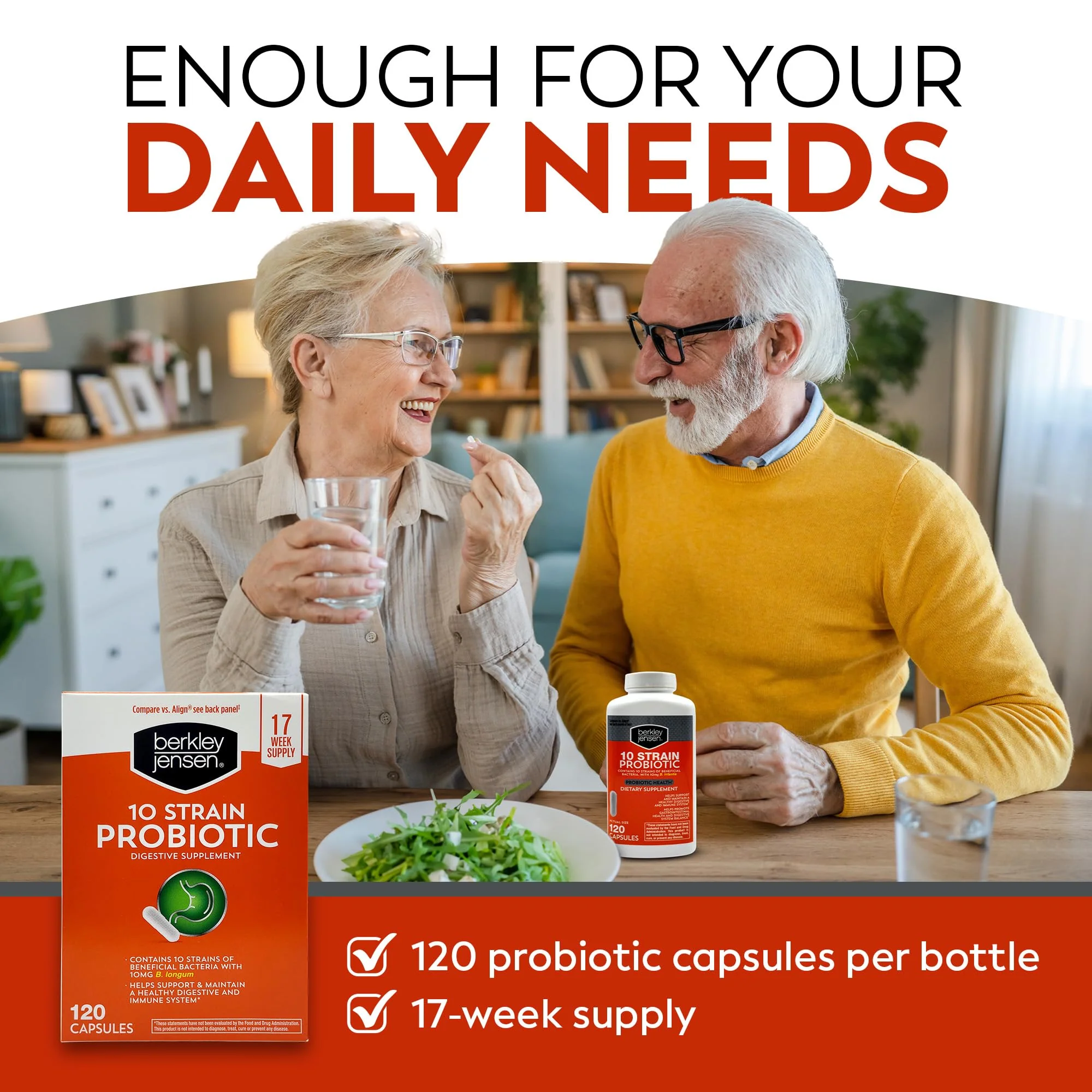 Berkley Jensen Natural 10 Strain Probiotic Supplement Capsules with 10mg B. Longum, Loaded with Live Strains & Beneficial Gut Flora, for Digestive & Immune Health - 17-Week Supply, 120 Ct - Image 6