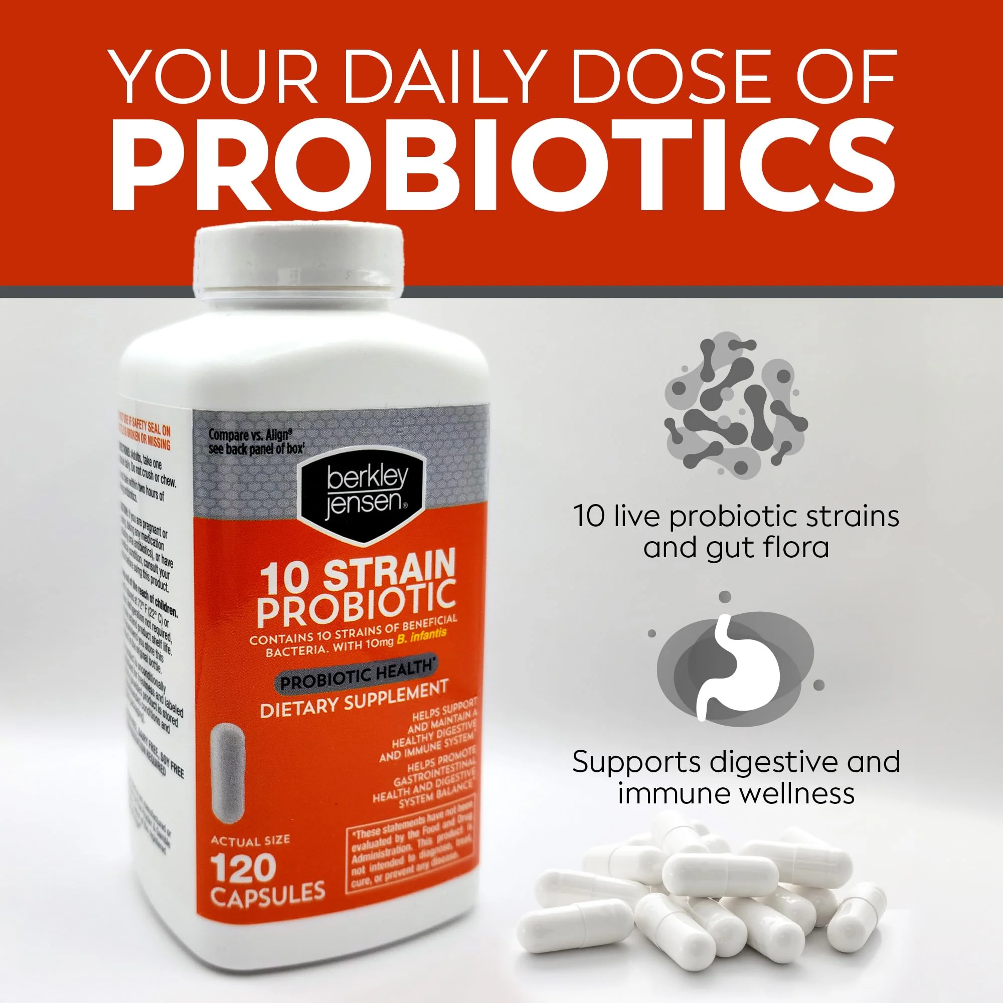 Berkley Jensen Natural 10 Strain Probiotic Supplement Capsules with 10mg B. Longum, Loaded with Live Strains & Beneficial Gut Flora, for Digestive & Immune Health - 17-Week Supply, 120 Ct - Image 7