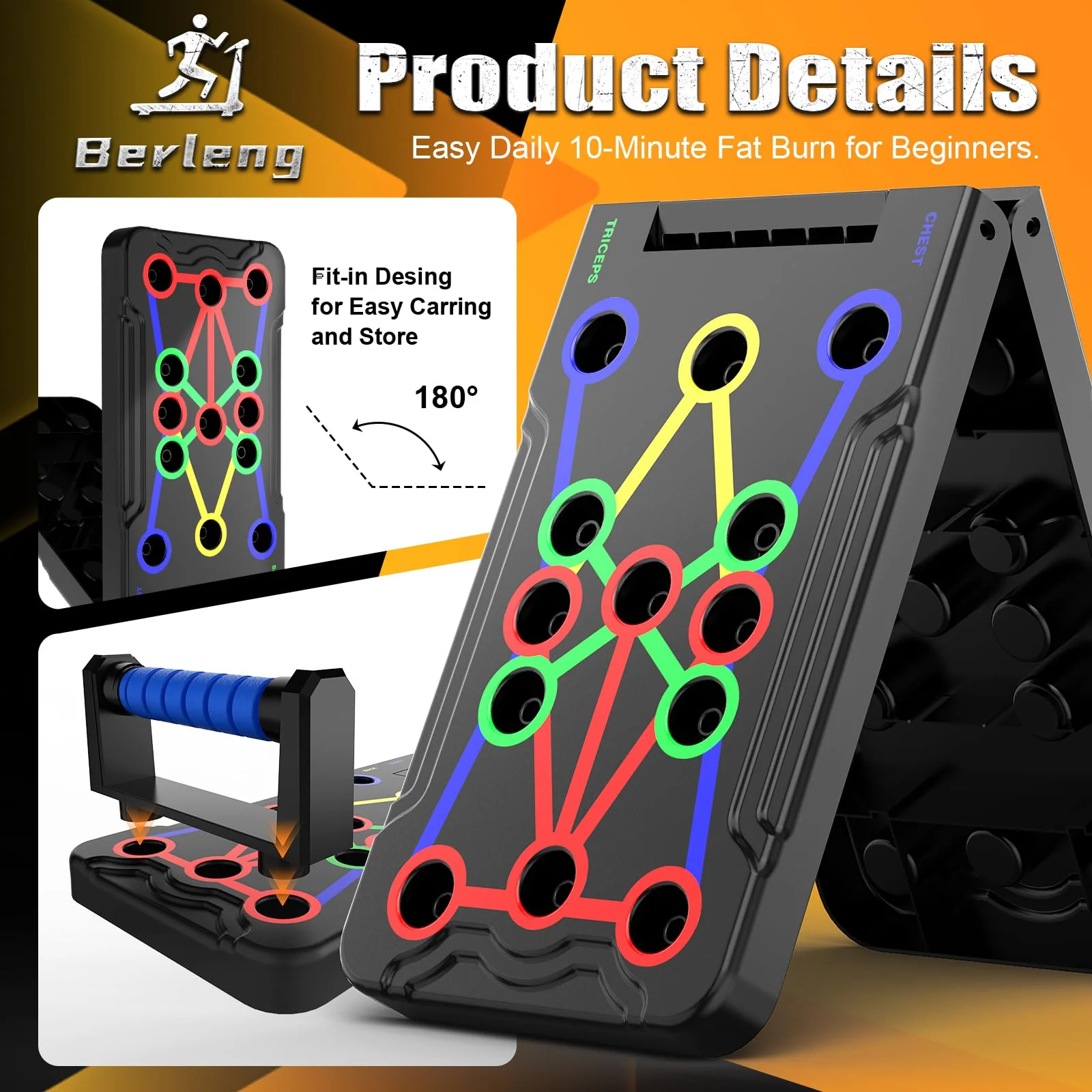 Berleng Push Up Board - 36-in-1 Foldable Pushup Fitness Stand for Portable Strength Training. Rugged, Stable Equipment for Home Gym Workout for Men & Women - Image 2