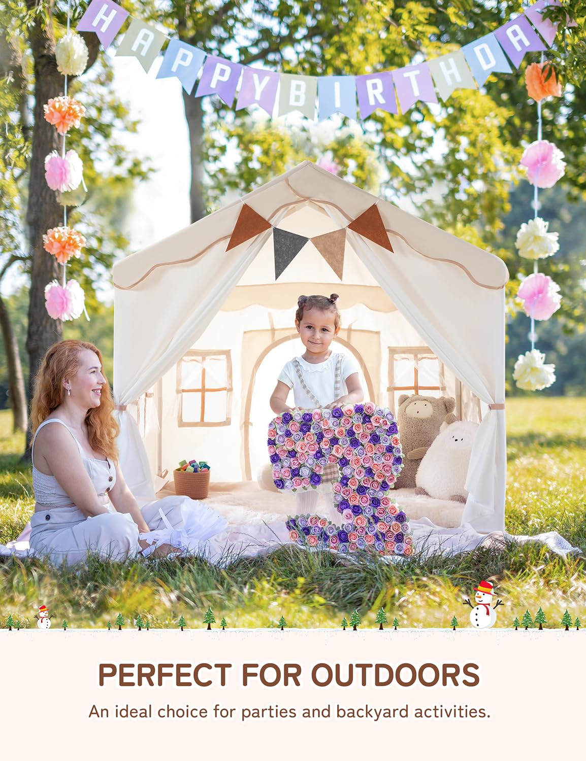 Besrey Kids Play Tent 2 in 1 with Padded Mat and Lights, Large Kids Playhouse with 2 Doors & 4 Windows, Indoor & Outdoor, Christmas Toddler Tent, 51" x35" x 51" - Image 3