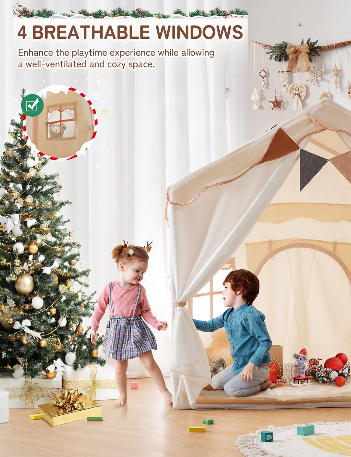 Besrey Kids Play Tent 2 in 1 with Padded Mat and Lights, Large Kids Playhouse with 2 Doors & 4 Windows, Indoor & Outdoor, Christmas Toddler Tent, 51" x35" x 51" - Image 4
