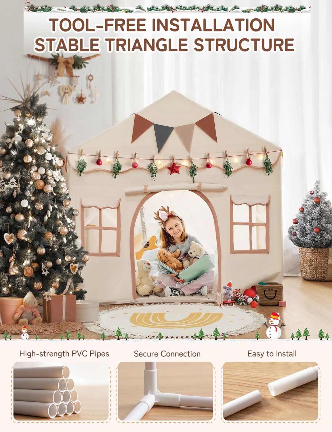 Besrey Kids Play Tent 2 in 1 with Padded Mat and Lights, Large Kids Playhouse with 2 Doors & 4 Windows, Indoor & Outdoor, Christmas Toddler Tent, 51" x35" x 51" - Image 7