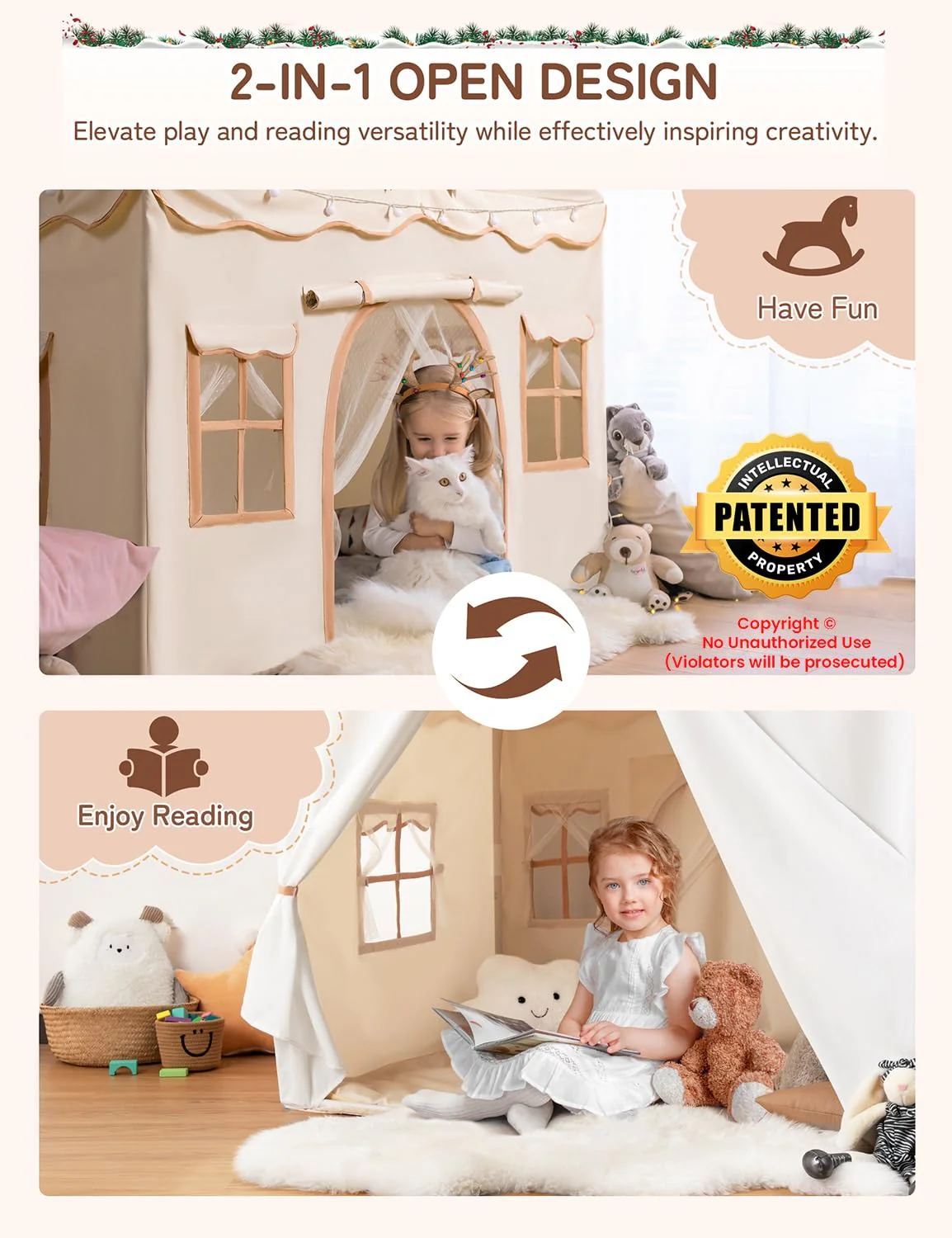 Besrey Kids Play Tent 2 in 1 with Padded Mat and Lights, Large Kids Playhouse with 2 Doors & 4 Windows, Indoor & Outdoor, Christmas Toddler Tent, 51" x35" x 51" - Image 9