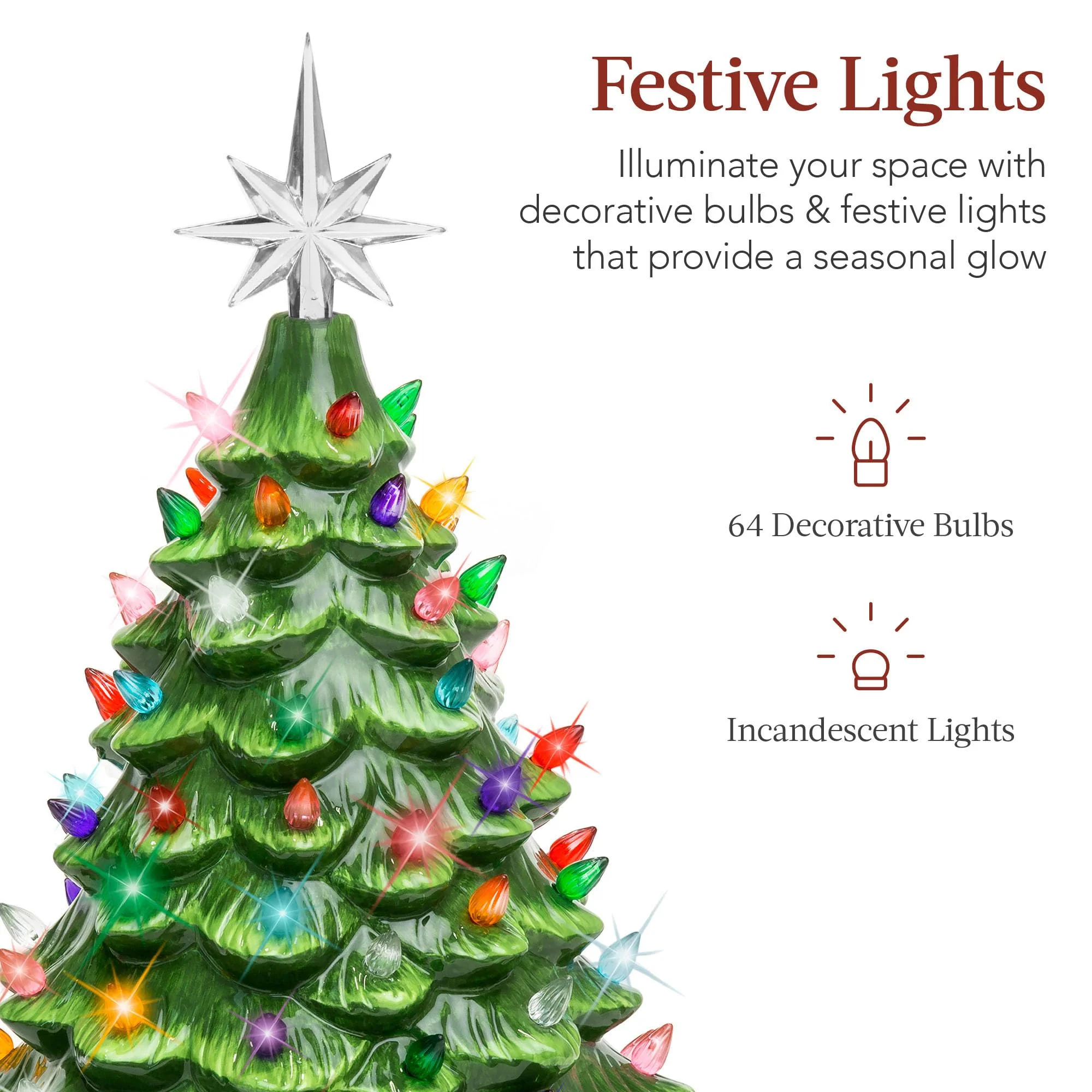Best Choice Products 15in Ceramic Christmas Tree, Pre-lit Hand-Painted Tabletop Holiday Tree, Star Topper, 64 Lights - Green w/Multicolored Bulbs - Image 6
