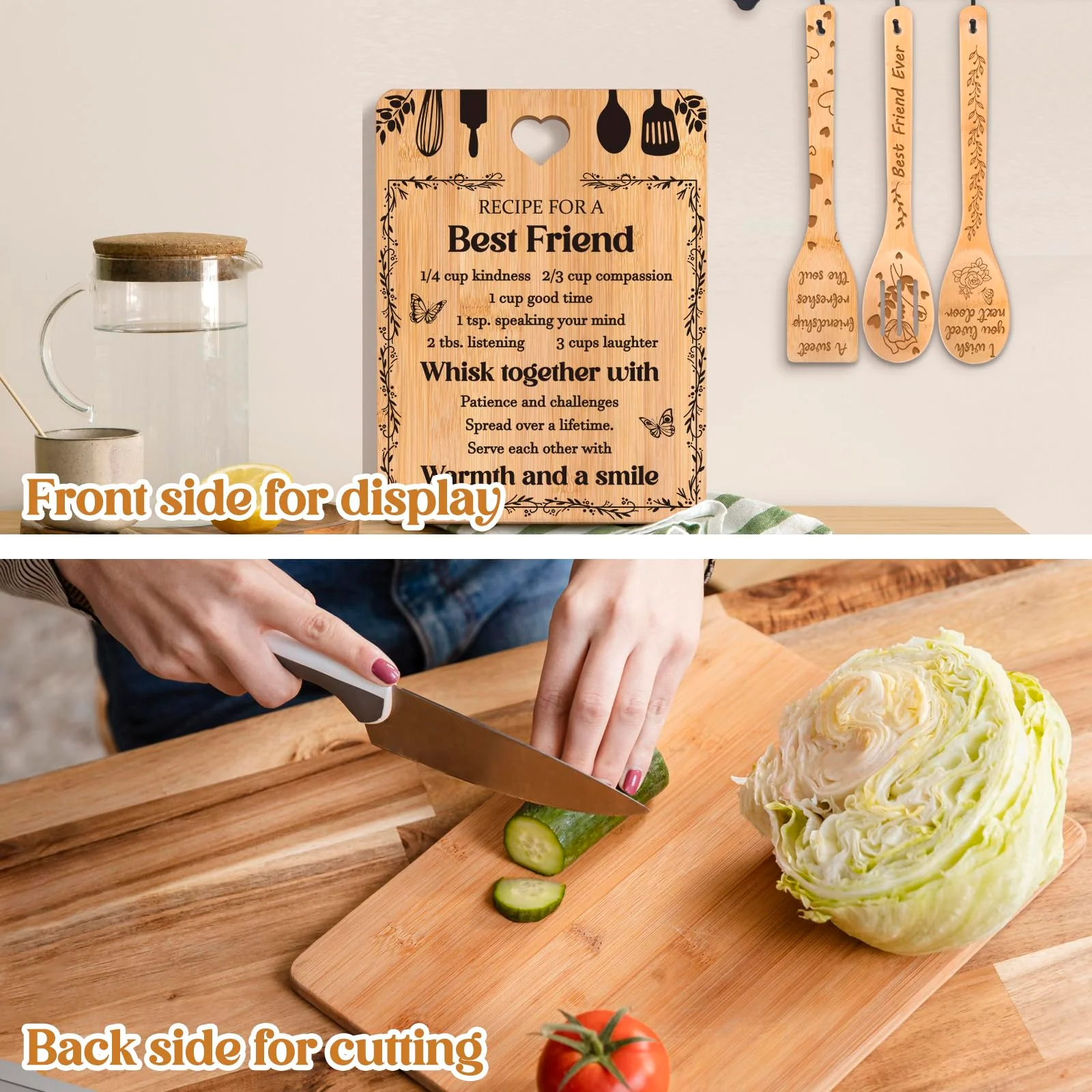 Best Friend Birthday Gifts for Women - Bamboo Cutting Board Set, Bestie Friendship Gifts for Women, Ideal Gifts for Birthday Graduation Wedding Job Move House Christmas Thanksgiving. - Image 3