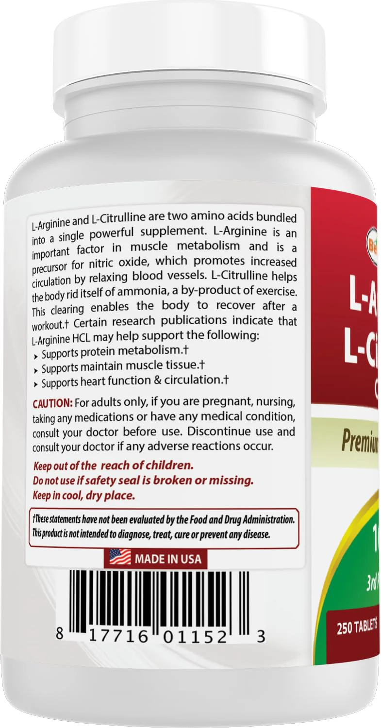 Best Naturals L-Arginine L-Citrulline Complex 1000 mg 250 Tablets (250 Count (Pack of 3)) - Image 2