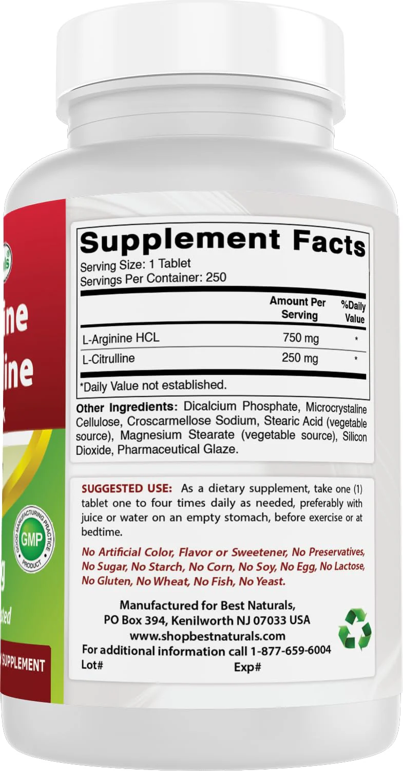Best Naturals L-Arginine L-Citrulline Complex 1000 mg 250 Tablets (250 Count (Pack of 3)) - Image 3