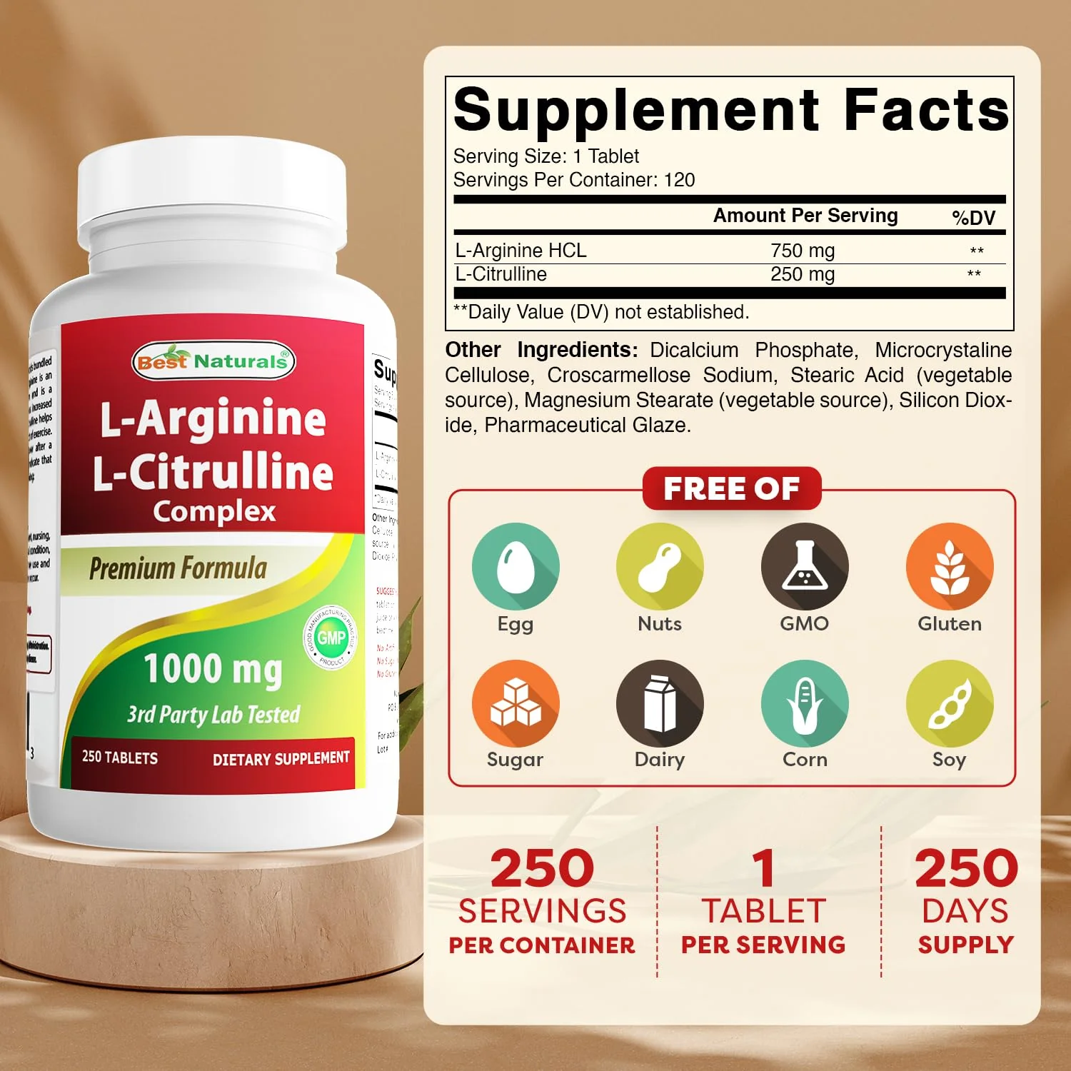 Best Naturals L-Arginine L-Citrulline Complex 1000 mg 250 Tablets (250 Count (Pack of 3)) - Image 7