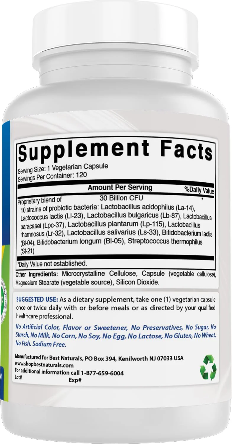 Best Naturals Probiotic 10 Strains 30 Billion Shelf Stable 120 Veggie Caps (120 Count (Pack of 2)) - Image 3