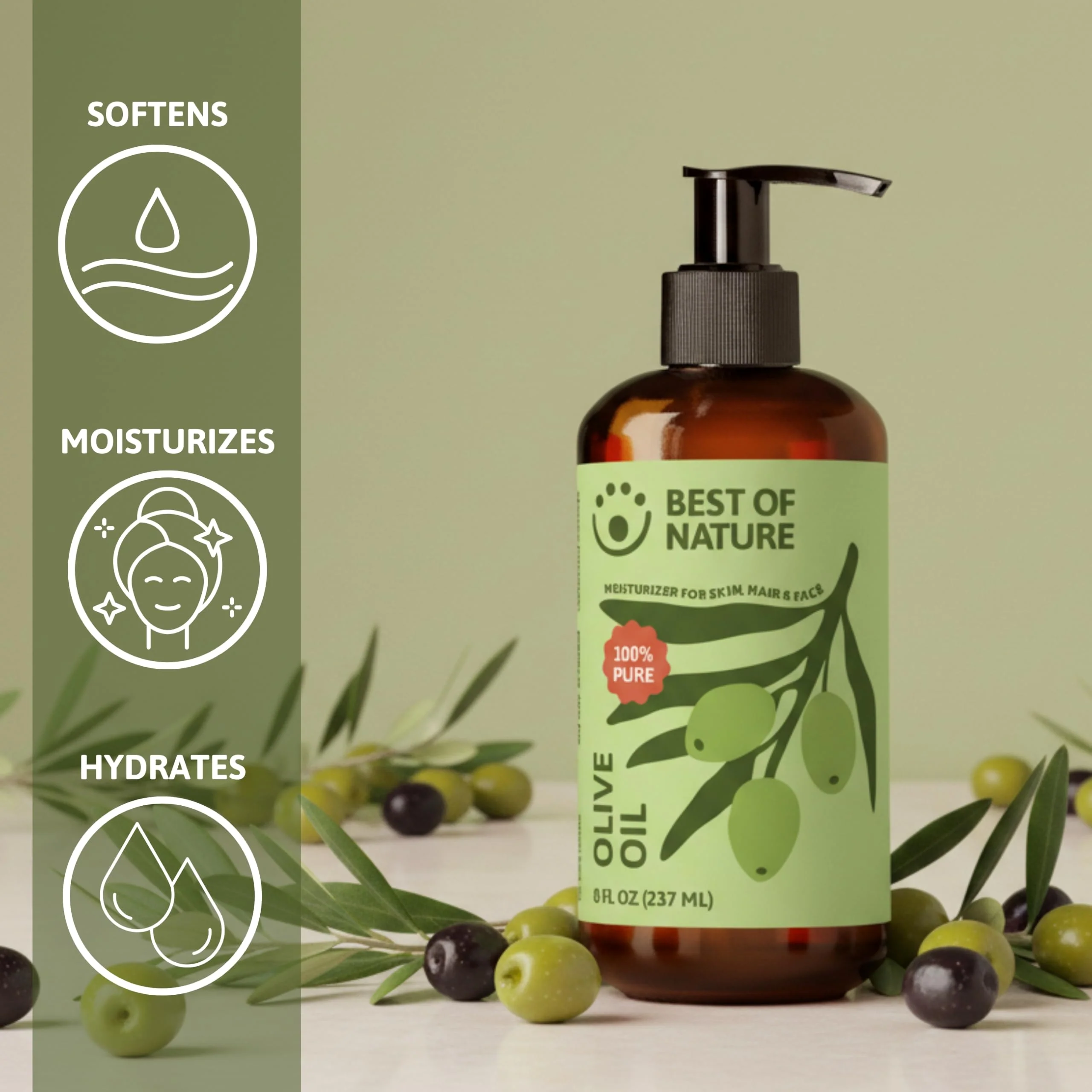 Best of Nature 100% Pure Olive Massage & Body Oil – Cold Pressed, Natural & Unscented Moisturizer for Skin, Hair & Bath, 8 fl oz - Image 5