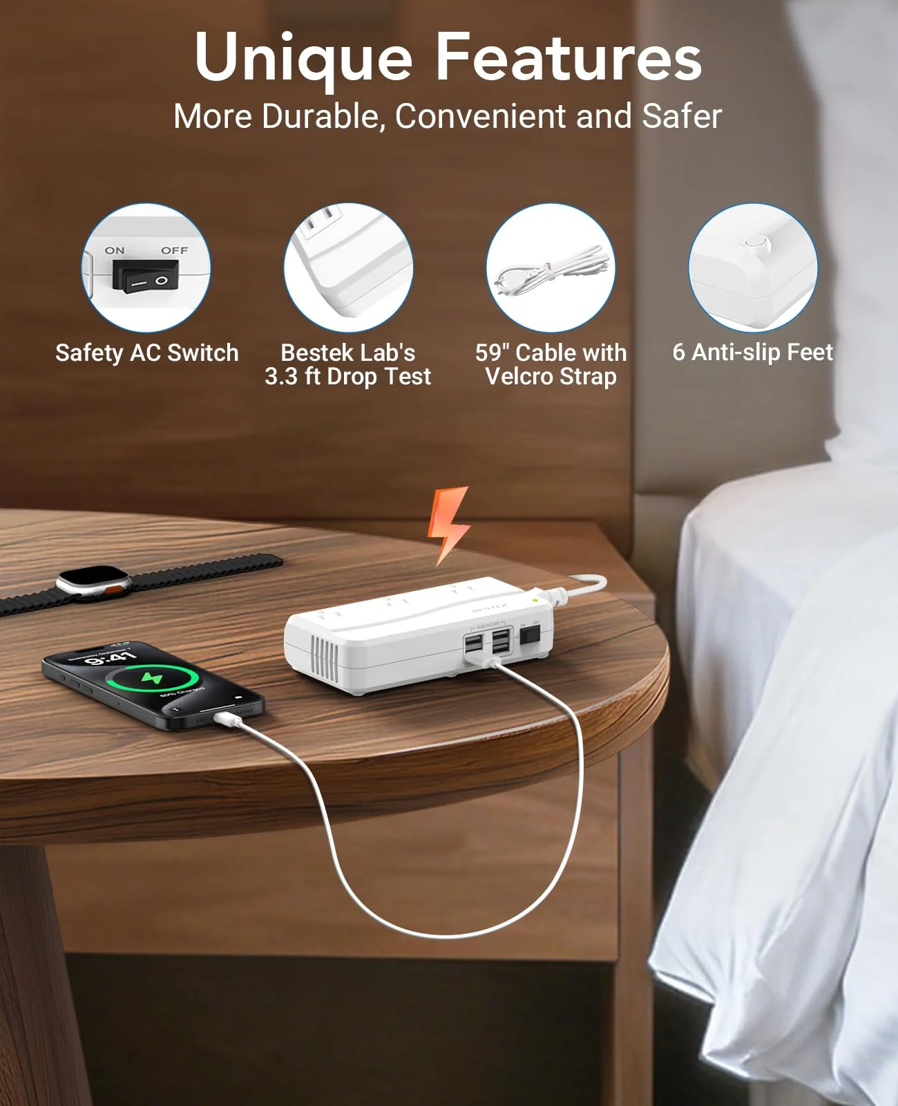 BESTEK Universal Travel Adapter 220V to 110V Voltage Converter with 0-2.4A 4 Port USB Charging and UK/AU/US/EU Worldwide Plug Adapter (White) - Image 5