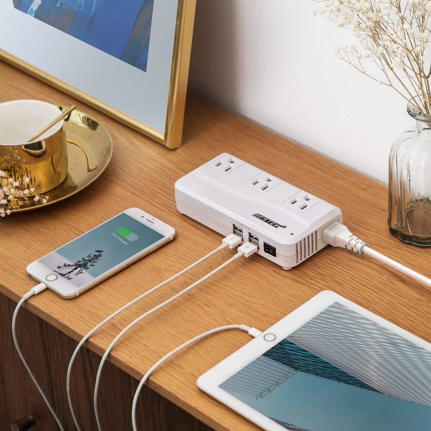 BESTEK Universal Travel Adapter 220V to 110V Voltage Converter with 0-2.4A 4 Port USB Charging and UK/AU/US/EU Worldwide Plug Adapter (White) - Image 9